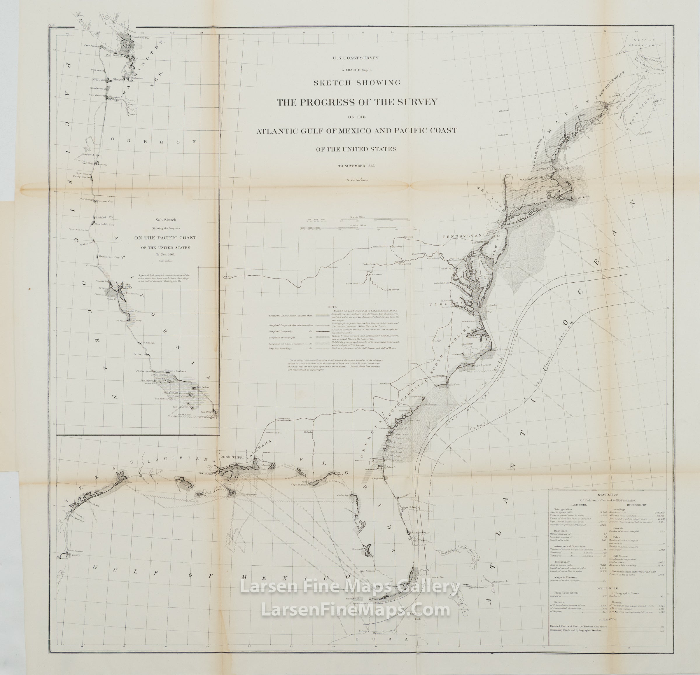 U.S. Coast Survey A.D. Bache Supdt. Sketch Showing the Progress of The Survey on the Atlantic Gulf of Mexico and Pacific Coast of The United States, To November 1864 U.S. Coast Survey