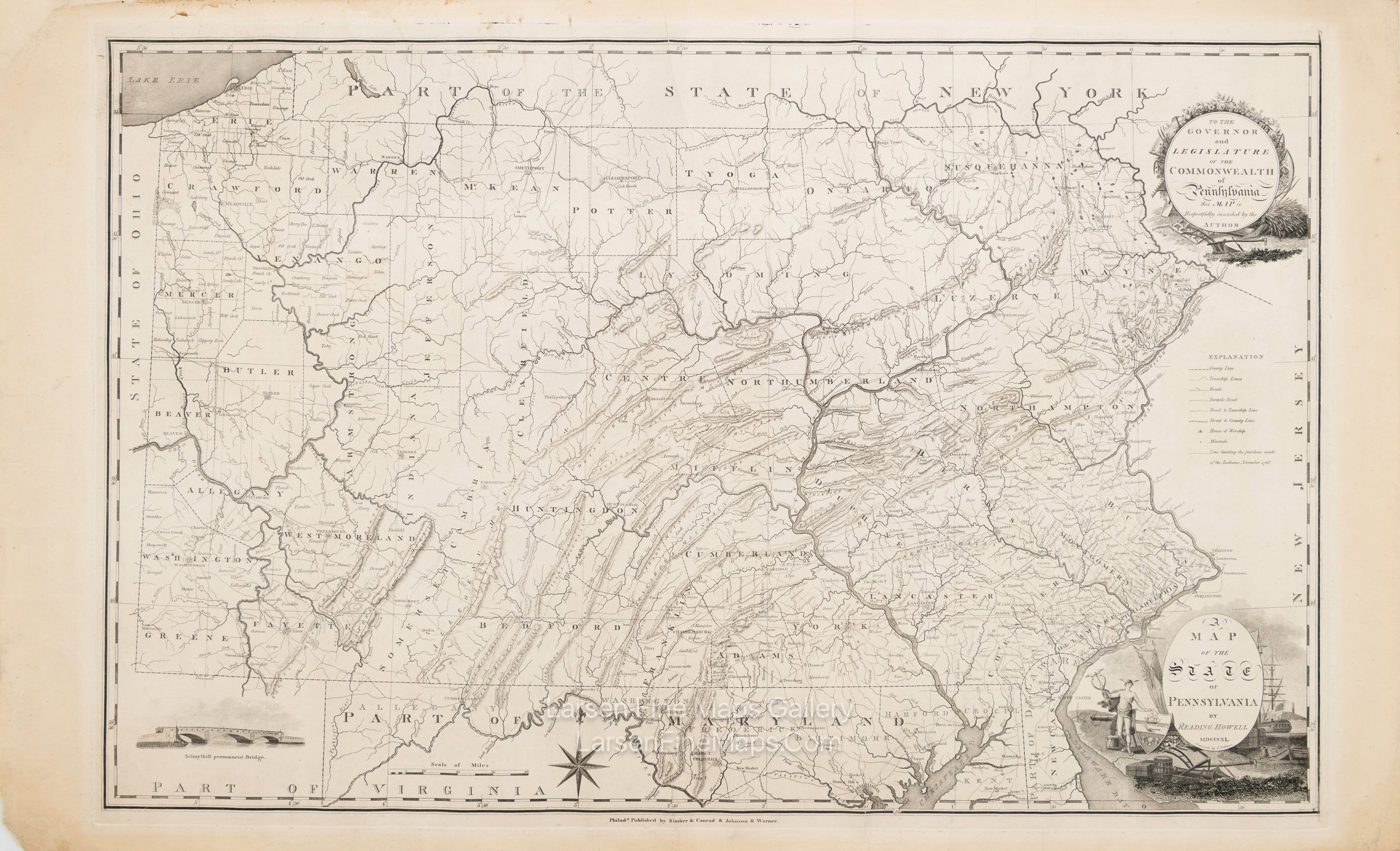 A Map of the State of Pennsylvania by Reading Howell, MDCCCXI, Kimber Conrad Johnson Warner, J. Vallance,