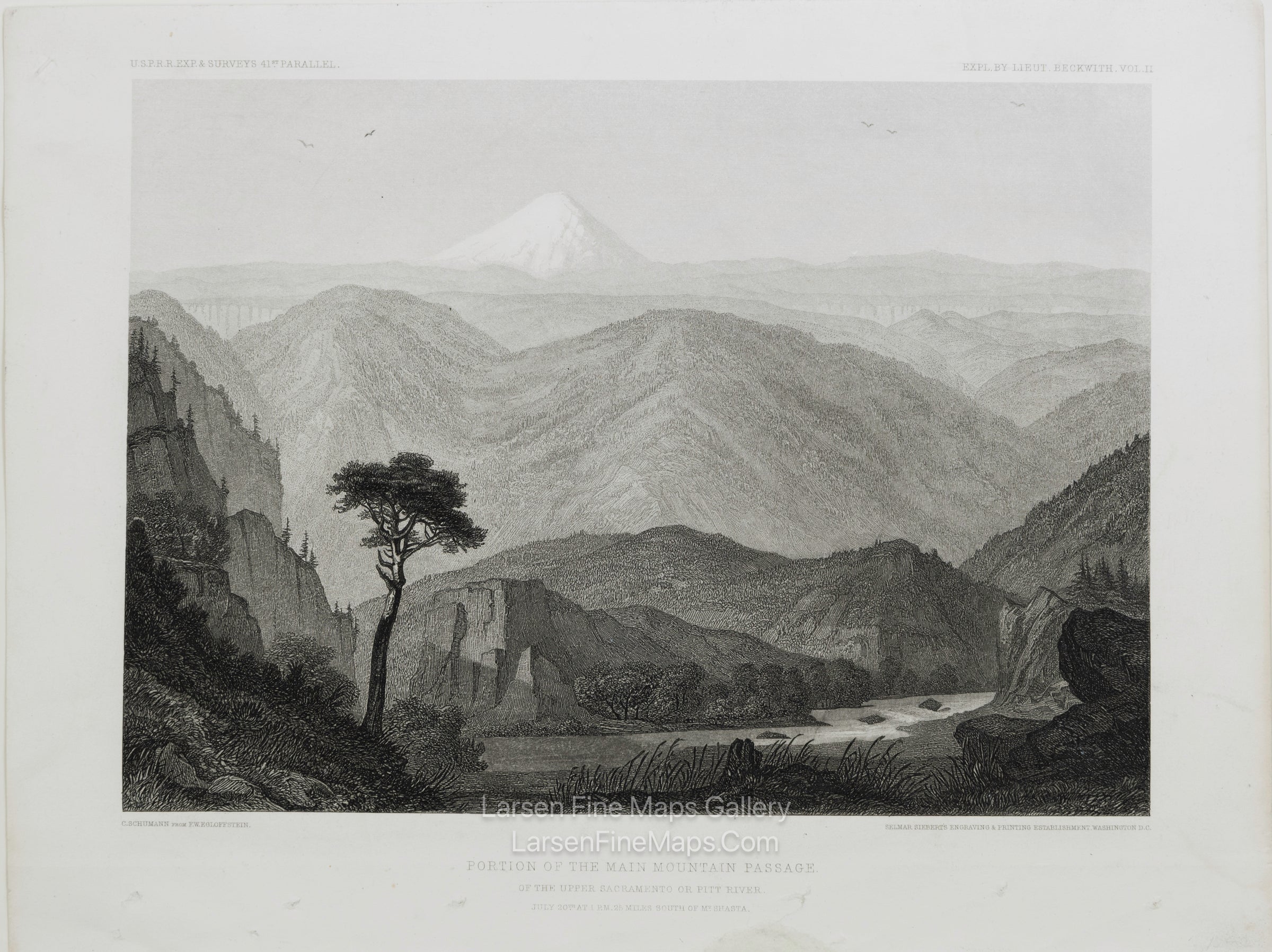 Portion of the Main Mountain Passage of the Upper Sacramento or Pitt River. Mt. Shasta., C. Schumann from Friedrich Wilhelm von Egloffstein. Engraved by S.V. Hunt