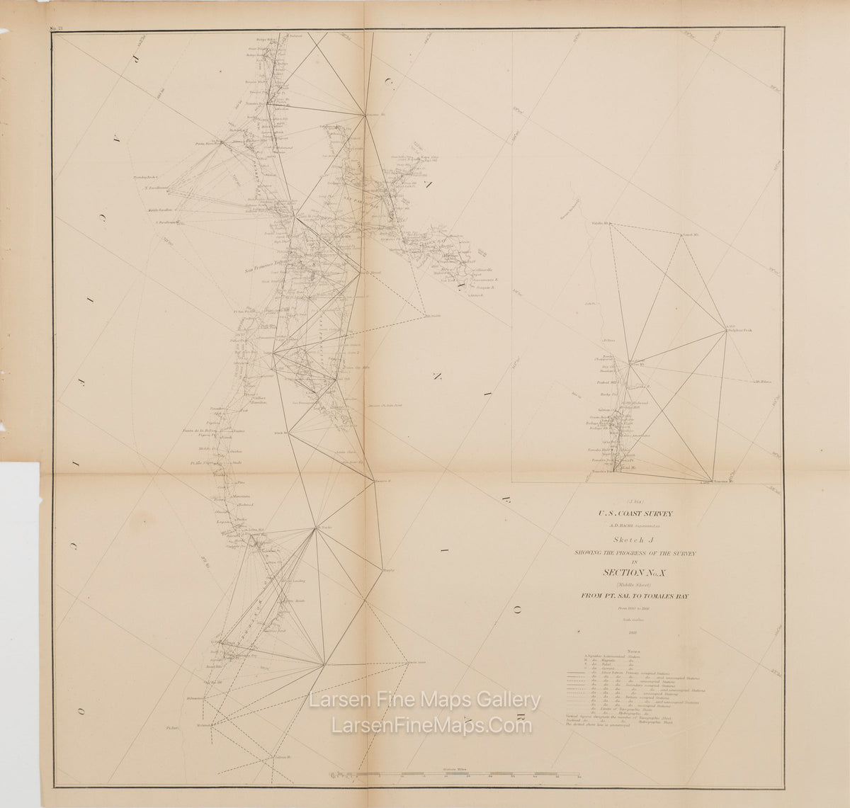 Sketch J Showing the Progress of The Survey in Section No. X. (Middle Sheet), From Pt. Sal to Tomales Bay From 1850 to 1866