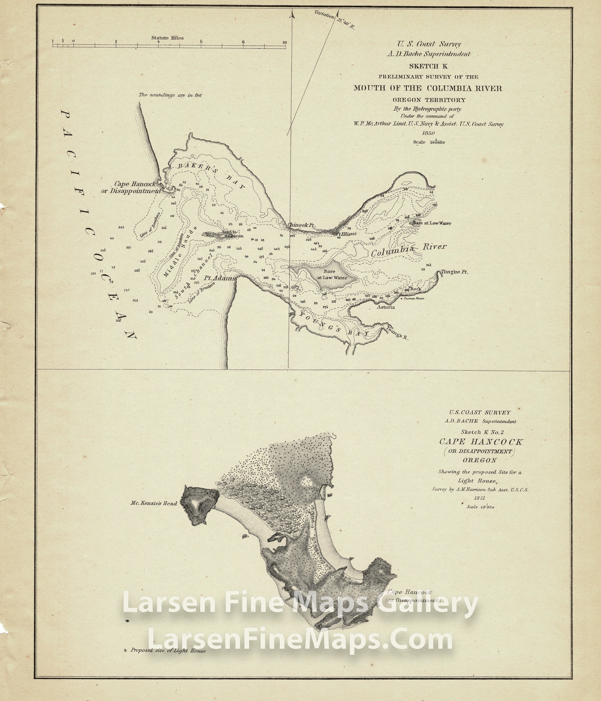 Preliminary Survey of the Mouth of Columbia River Oregon Territory and Sketch K No. 2 Cape Hancock (or Disappointment) Oregon U.S. Coast Survey