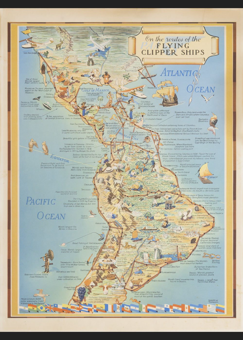 On the Routes of the PAN AM Flying Clipper Ships, Kenneth W. Thompson, Pictorial Map Americas