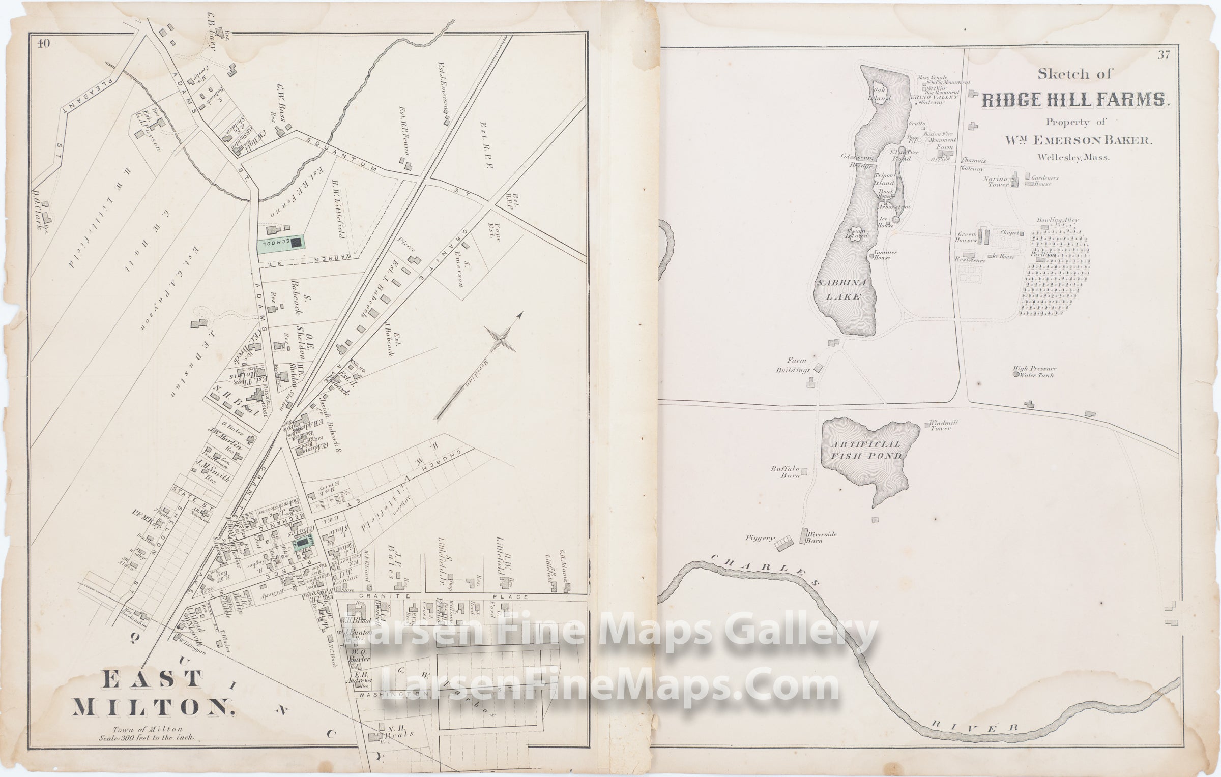 Milton, Adamsville, Unionville, East Milton, Sketch of Ridge Hill Farms, Comstock Cline, Edward Busch, details
