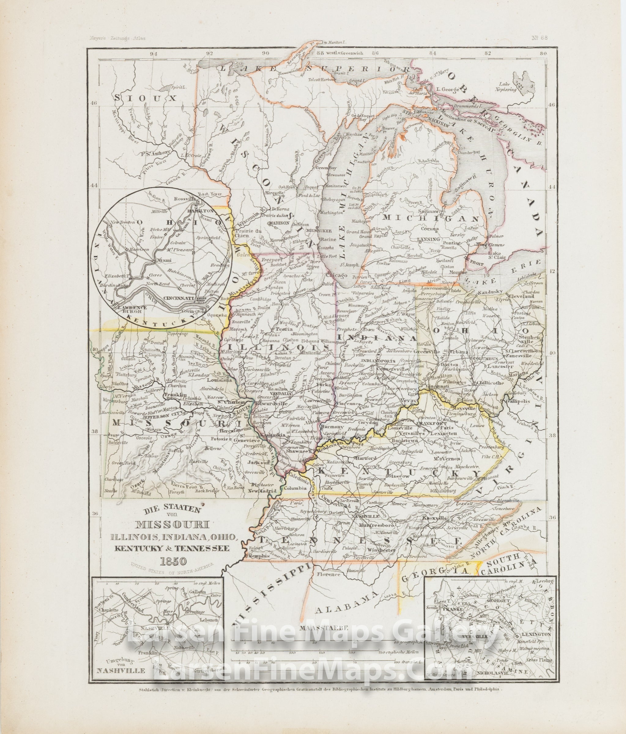 Die Staaten von Missouri, Illinois, Indiana, Ohio, Kentucky & Tennessee 1850, United States of North America, Meyer, Joseph