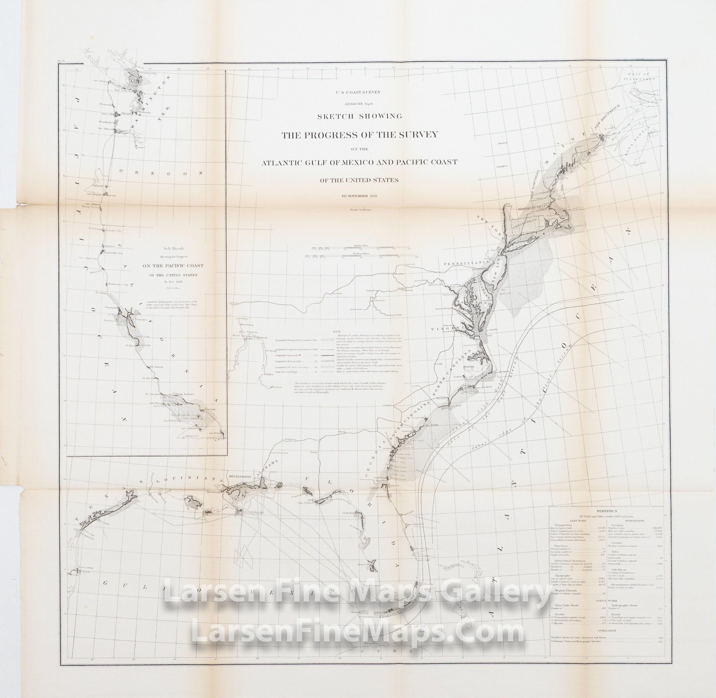 U.S. Coast Survey A.D. Bache Supdt., Sketch Showing The Progress of The Survey on the Atlantic Gulf of Mexico and Pacific Coast of The United States to November 1865 U.S. Coast Survey