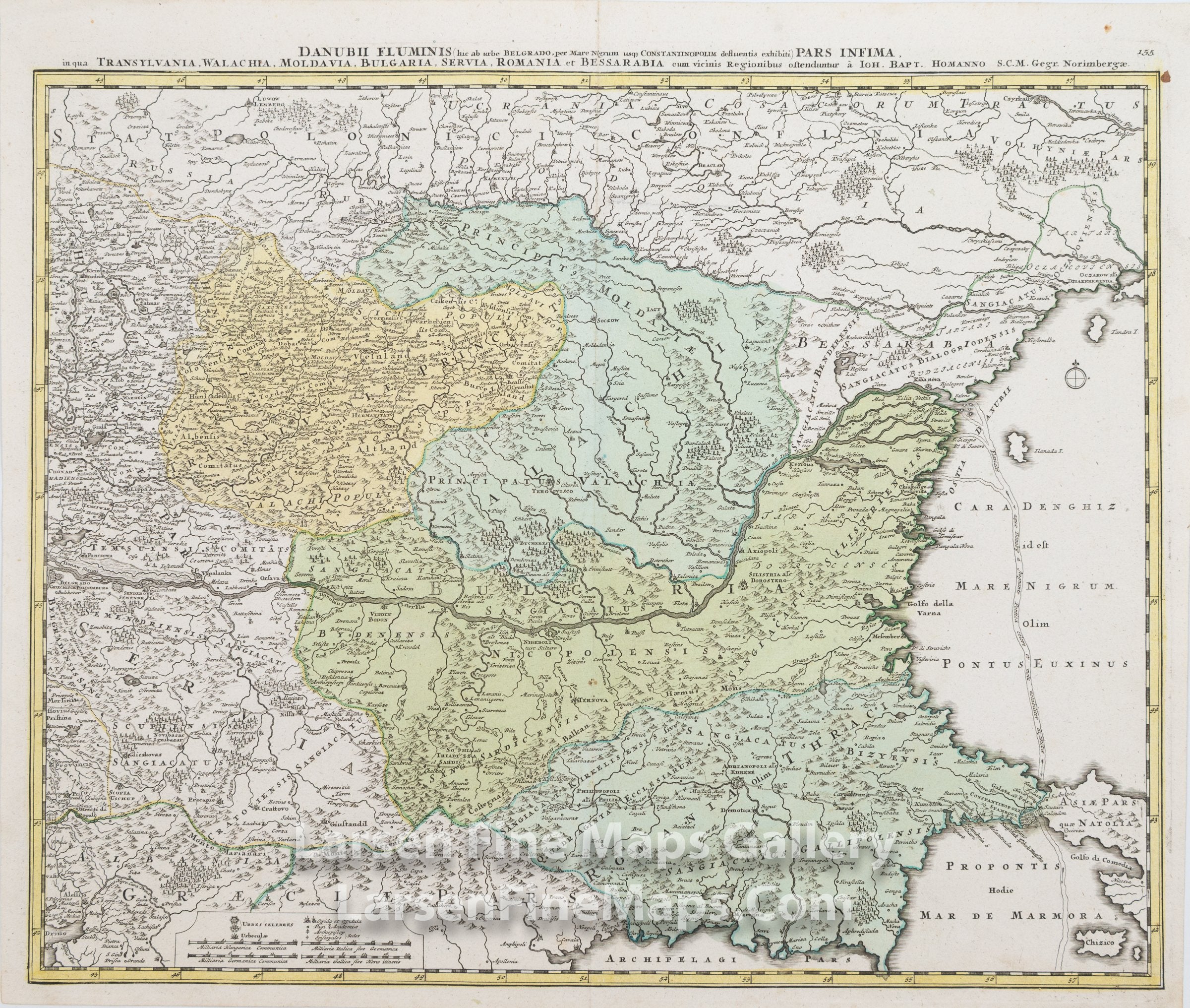 Danubii fluminis pars infima, in qua Transylvania, Walachia, Moldavia, Bulgaria, Servia, Romania et Bessarabia, Homann, Johann Baptist