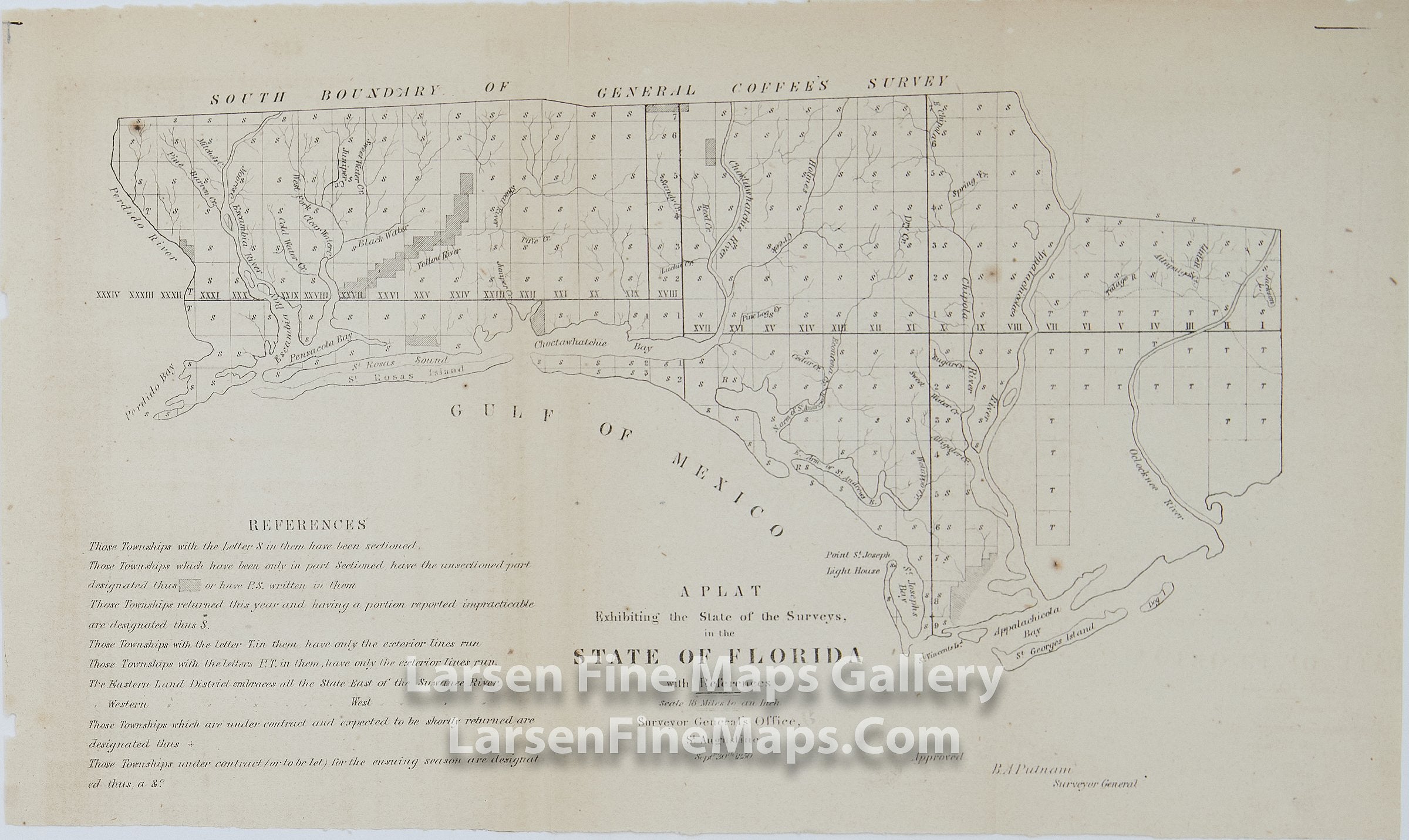 A Plat Exhibiting the State of the Surveys, in the State of  Florida with References, B.A. Putnam, Surveyor General Details