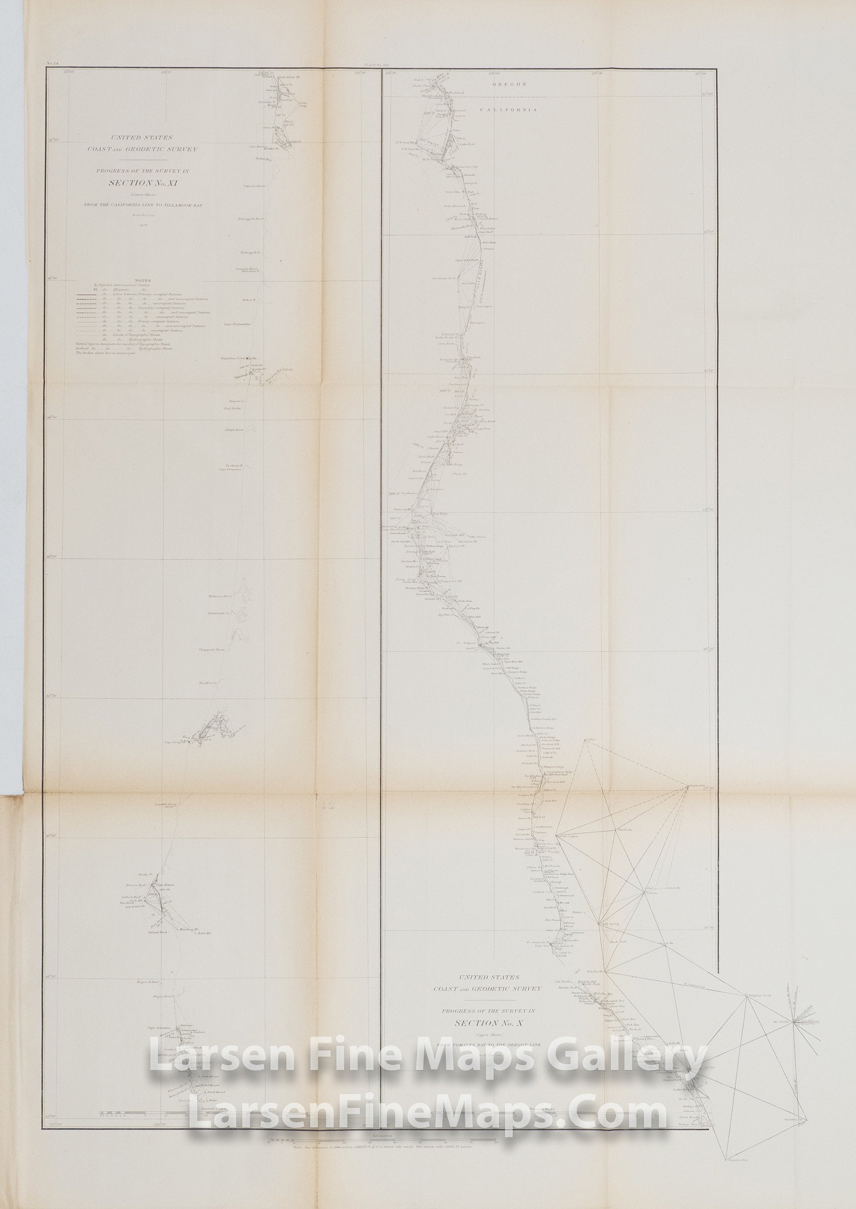 Sketch Showing the Progress of the Survey in Section X (Upper Sheet). Coast of California from Tomales Bay to the Oregon line, and Section XI (Lower Sheet), Coast of Oregon, from the California line to Tilllamook Bay U.S. Coast Survey