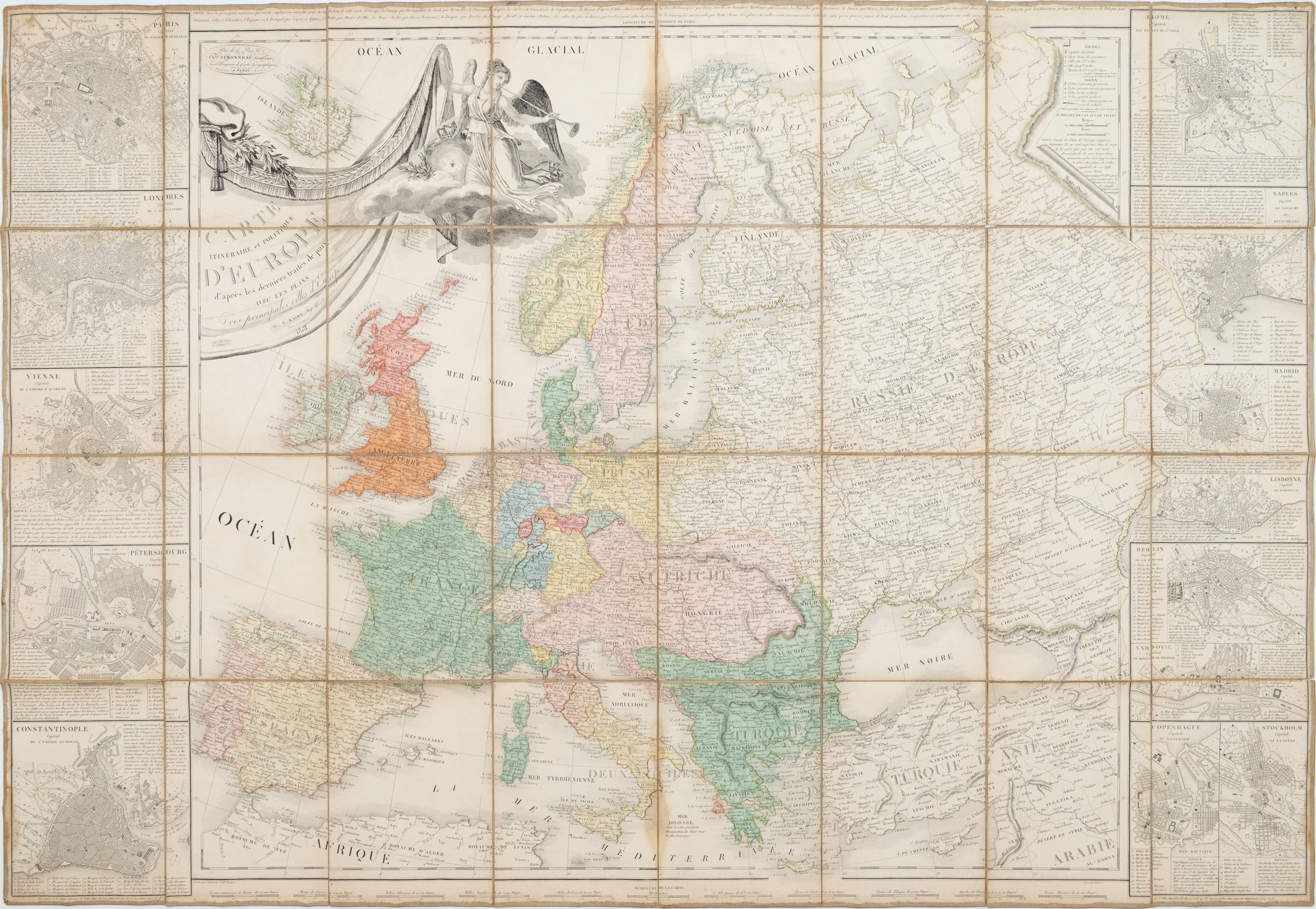 Carte Itinéraire et Politique D'Europe d'après les derniers traités de paix, avec les Plans des principales villes d'Europe.. Map of Europe, Russia with 13 inset maps of major cities. Maire, Simonneau 1818