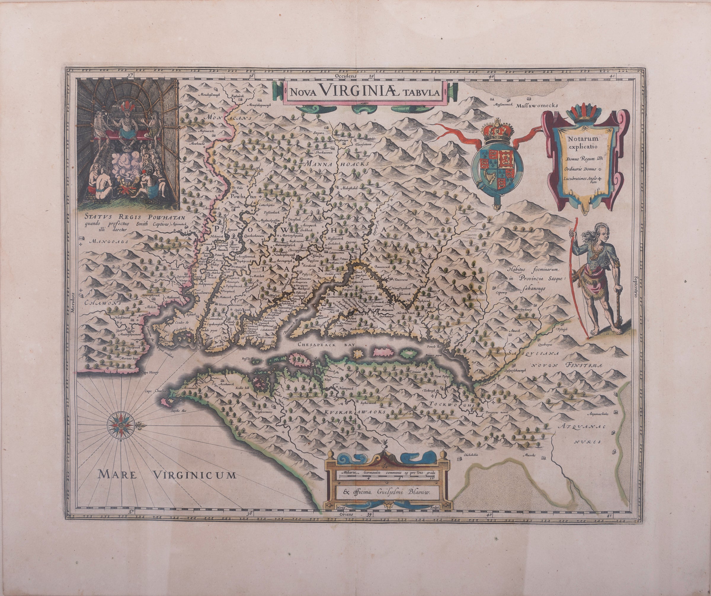 Nova Virginiae Tabula, Rare Map of Virginia Blaeu, Hondius, John Smith, 1640