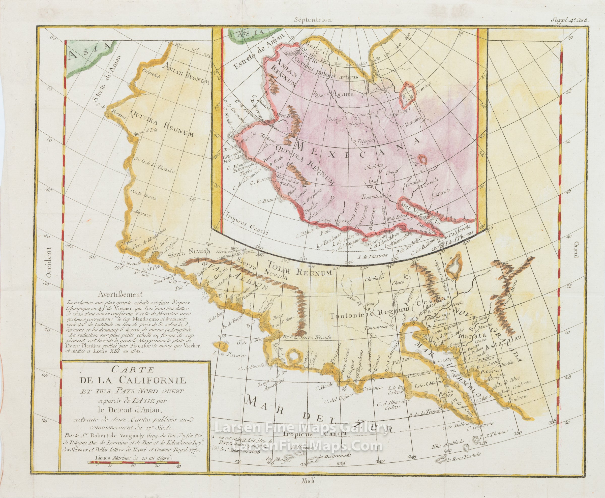 Carte de la Californie et des pays Nord Ovest sèpares de l'Asie par le detroit d'Anian, Vaugondy, Didier Robert De