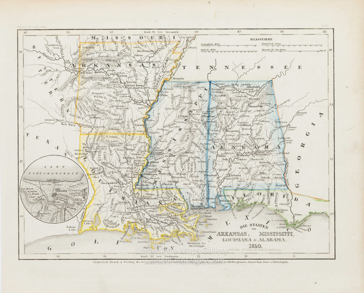 Die Staaten von Arkansas, Mississippi, Louisiana & Alabama. 1850. United States of North America, Meyer, Joseph