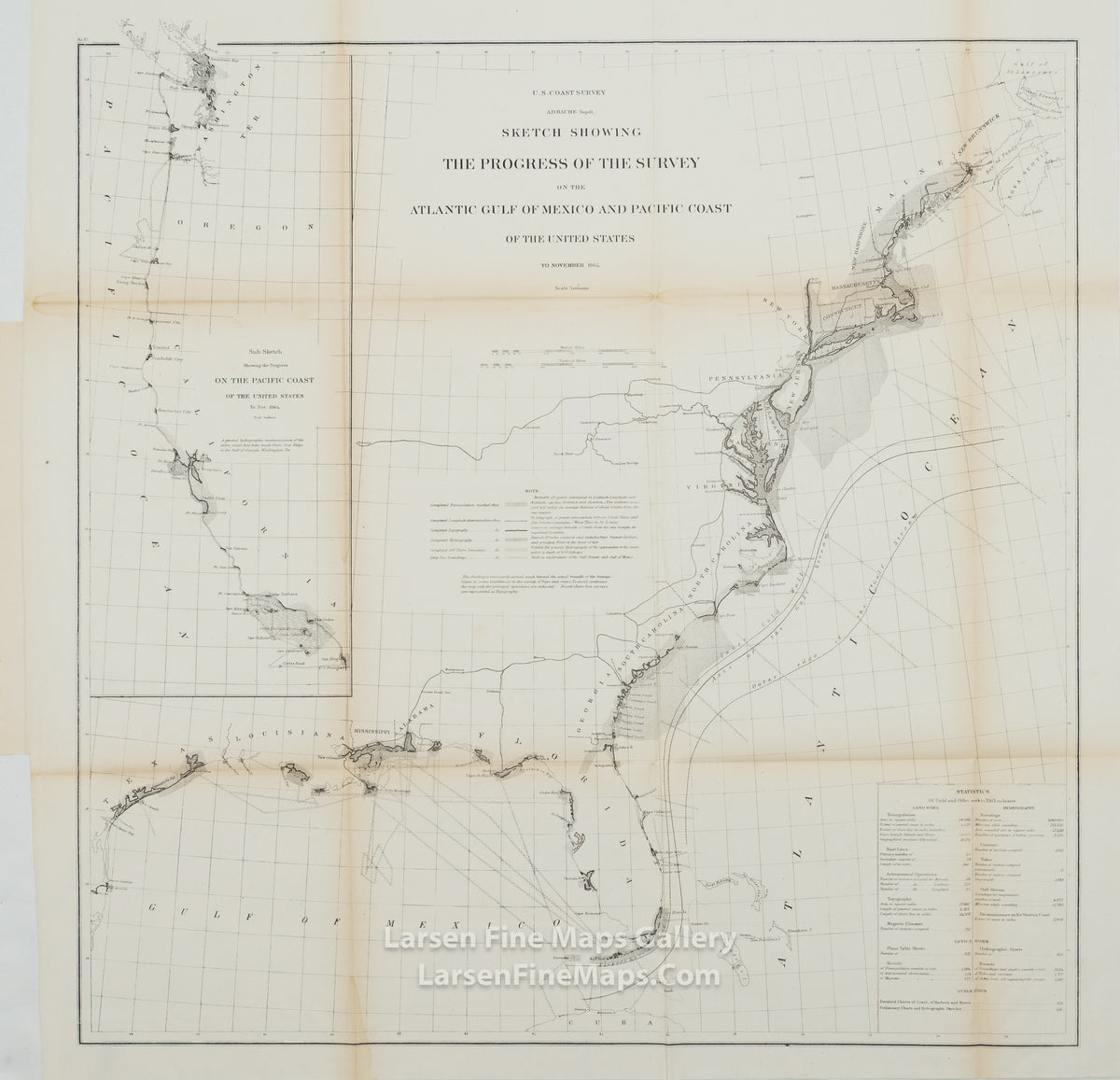 U.S. Coast Survey A.D. Bache Supdt. Sketch Showing the Progress of The Survey on the Atlantic Gulf of Mexico and Pacific Coast of The United States, To November 1864