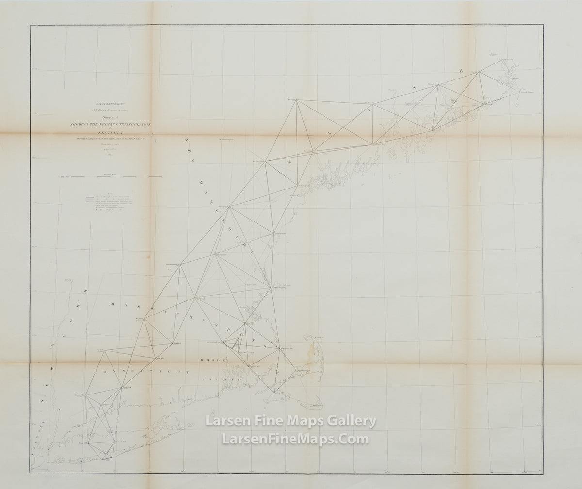 U.S. Coast Survey A.D. Bache Superintendent, Sketch A Showing the Primary Triangulation in Section I and the Connection of The Baselines in Sections I and II From 1844 to 1864