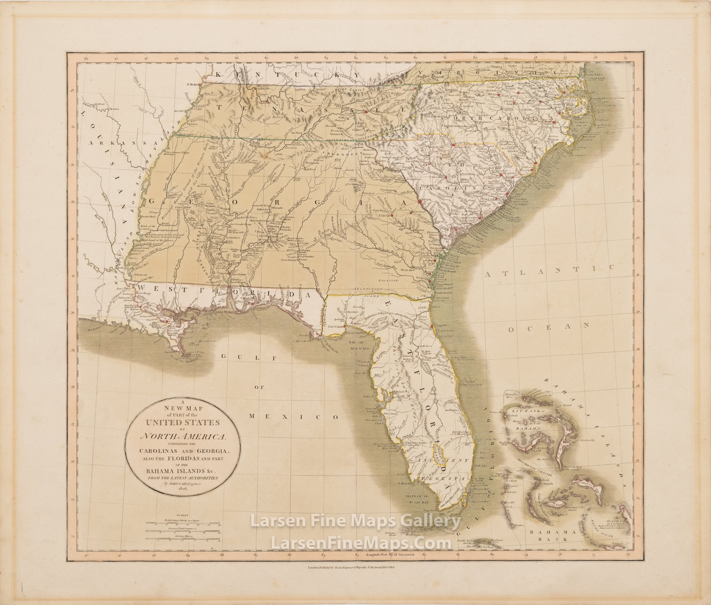 A New Map of Part of the United States of North America, Containing The Carolinas and Georgia, Also The Floridas and Part of the Bahama Islands &c, John Cary