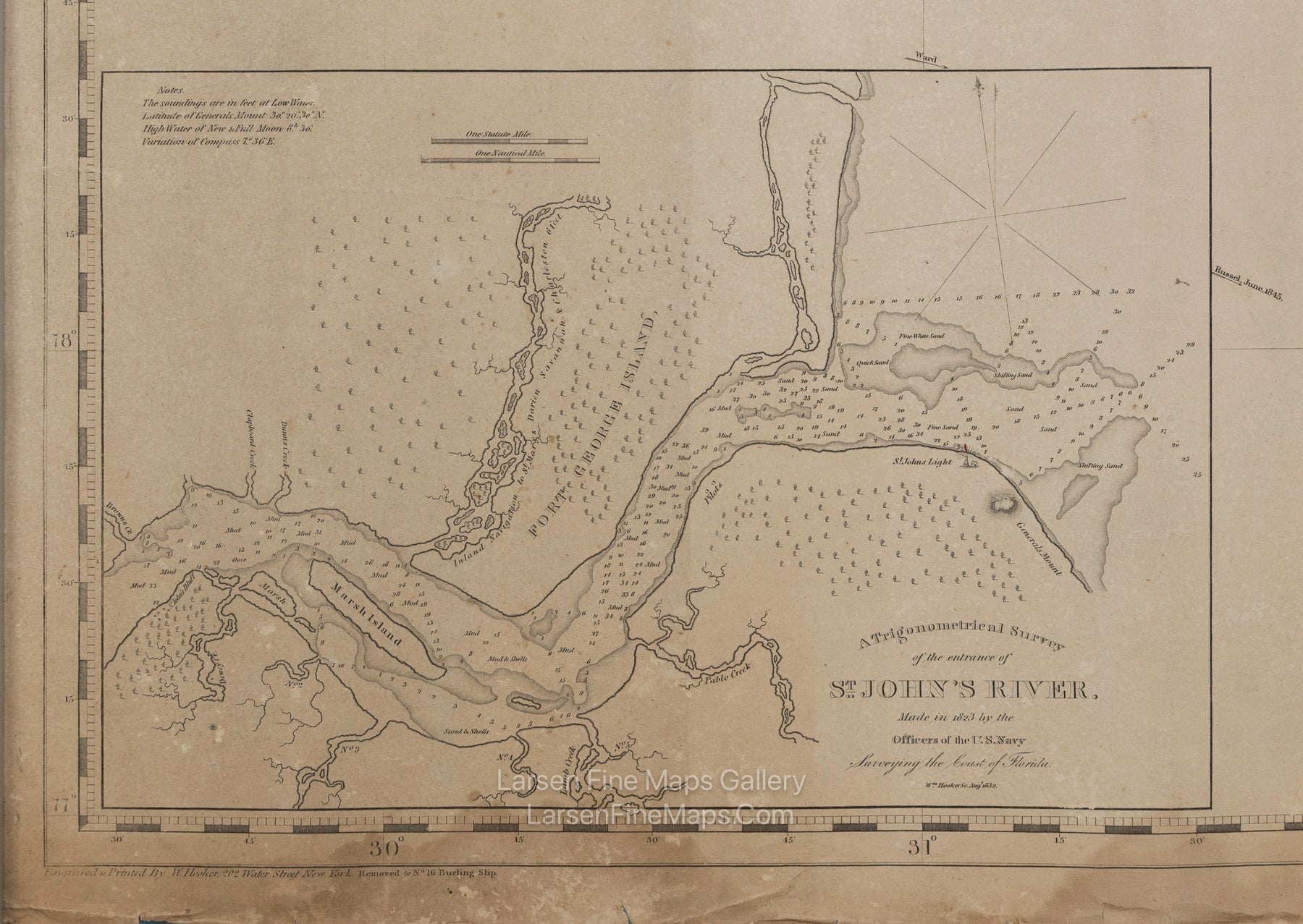 Southeast Coast of United States Sea Chart (untitled main chart). Inset Charts: (1) Charleston Harbour. (2) Entrance to St. John's River