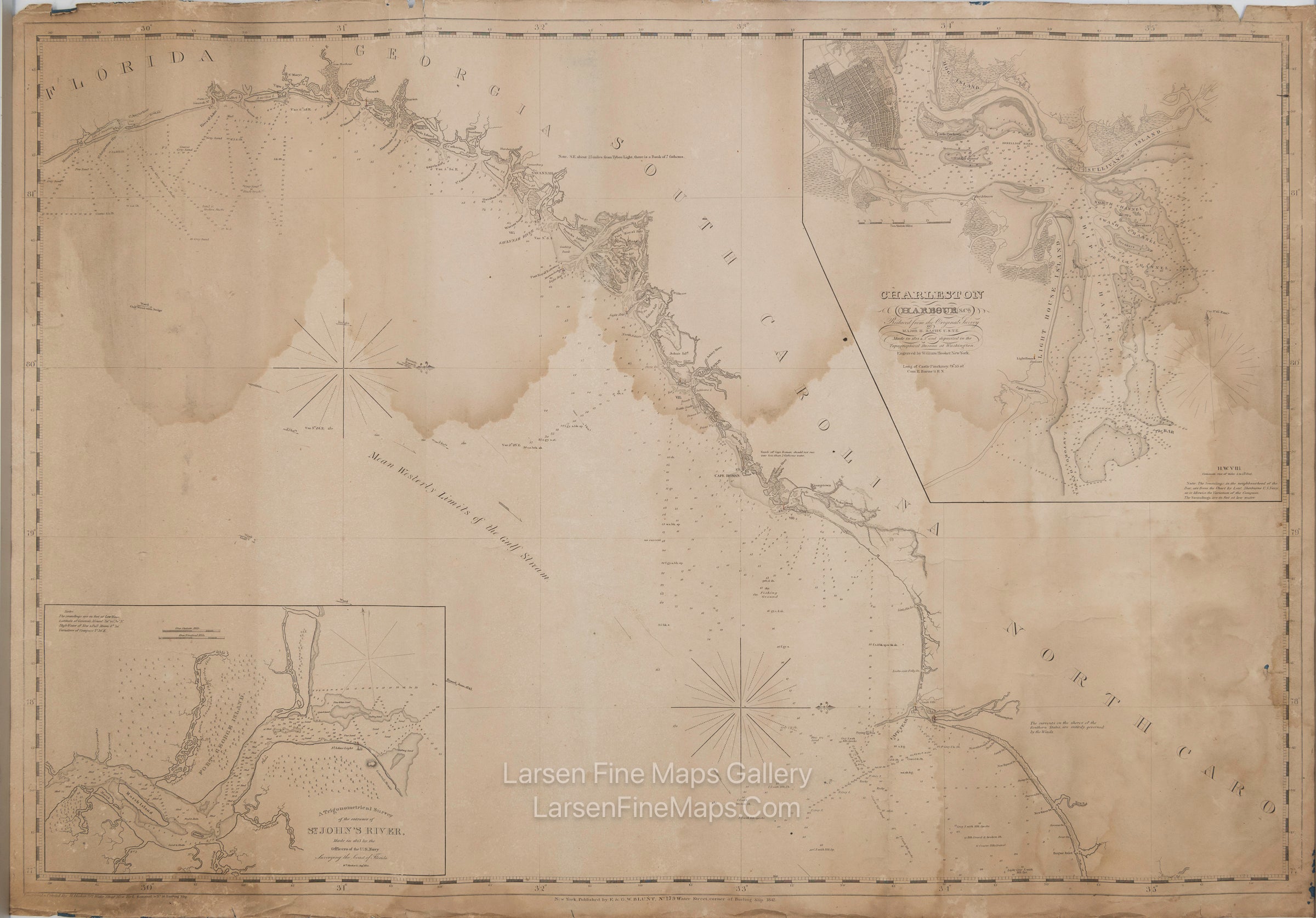 Southeast Coast of United States Sea Chart, Charleston Harbour. Entrance to St. John's River, E. & G. W. Blunt. Edmund & George William Blunt