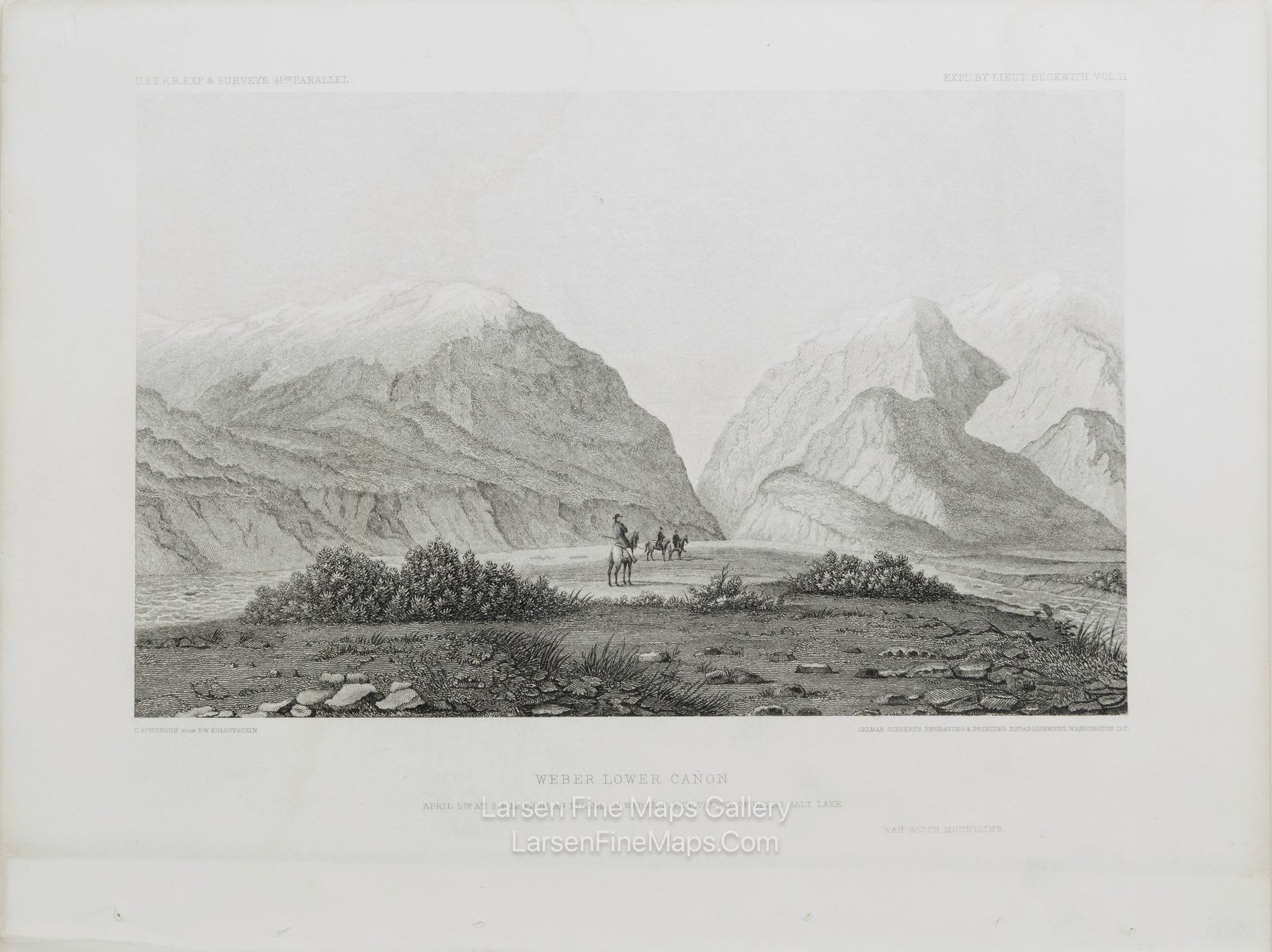 Weber Lower Canon. From an Island in Weber River, Valley of Great Salt Lake, C. Schumann from  Friedrich Wilhelm von Egloffstein. Engraved by S.V. Hunt