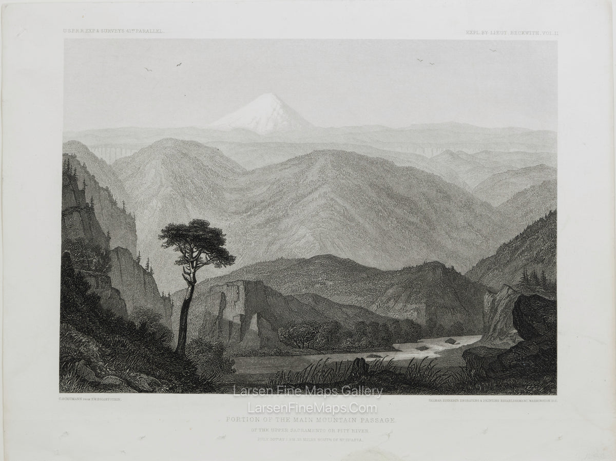 Portion of the Main Mountain Passage of the Upper Sacramento or Pitt River. Mt. Shasta., C. Schumann from  Friedrich Wilhelm von Egloffstein. Engraved by S.V. Hunt