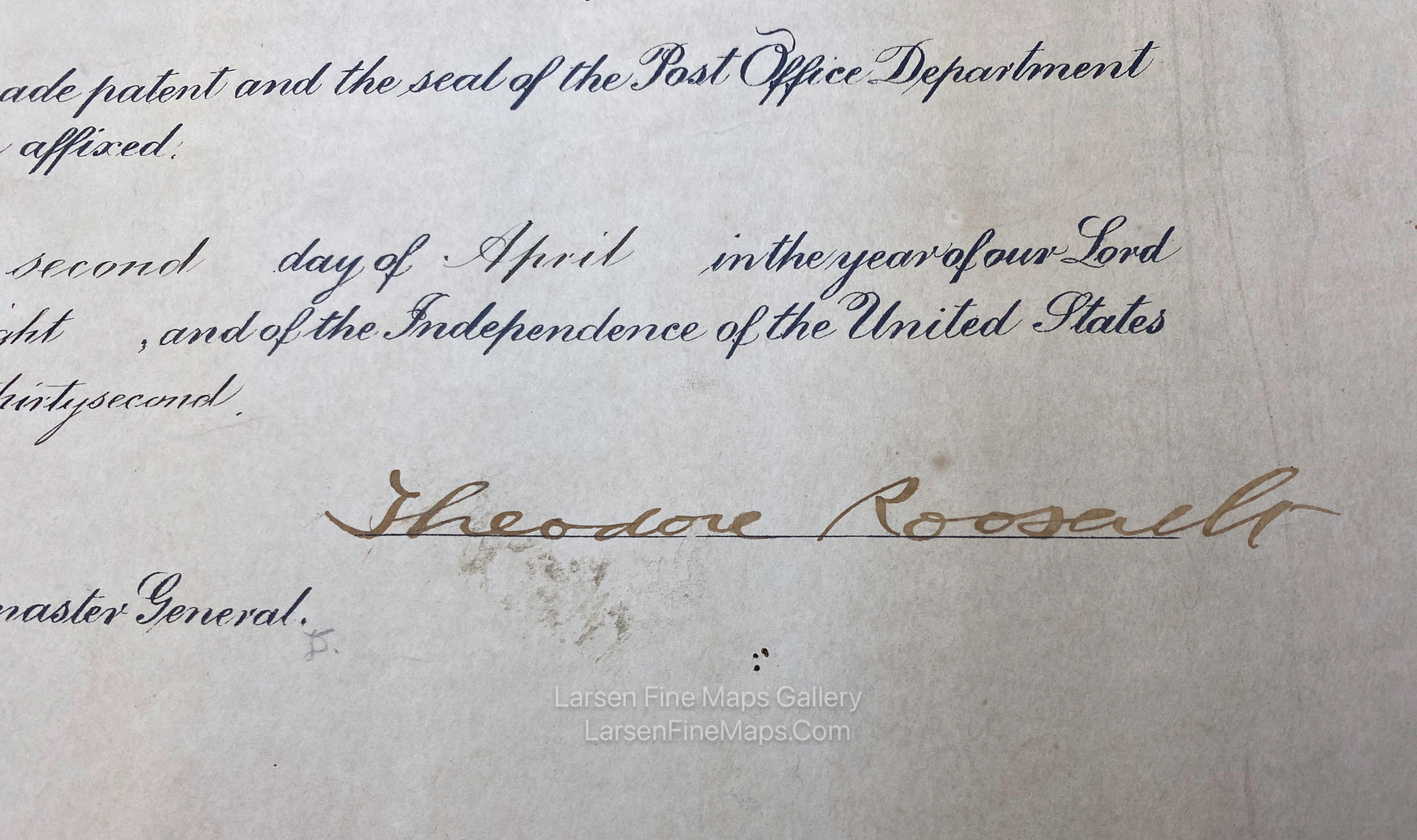 Theodore Roosevelt President of The United States - Appointment Certificate for Postmaster Signed, Gold Foil Seal, Signature, detail-1