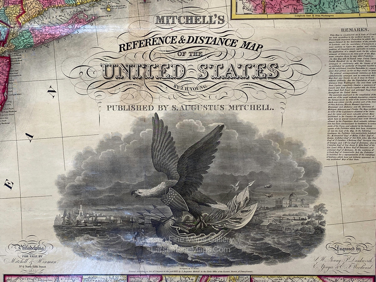 Mitchell's Reference & Distance Map of The United States by J.H. Young Cartouche