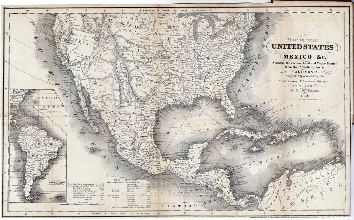 Map of The United States Mexico &c. Showing the Various Land and Water Routes from the Atlantic Cities to California, J.H. Colton, Emma Willard, Example-1