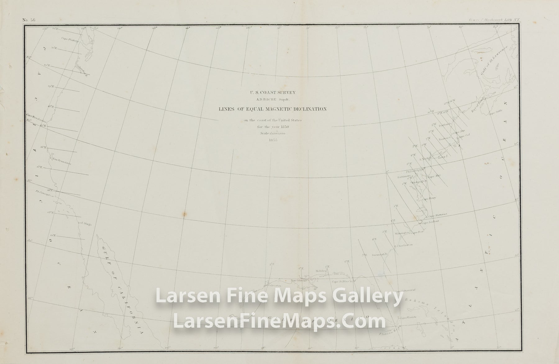 U.S. Coast Survey A.D. Bache Supdt., Lines of Equal Magnetic Declination on the coast of the United States for the year 1850 U.S. Coast Survey