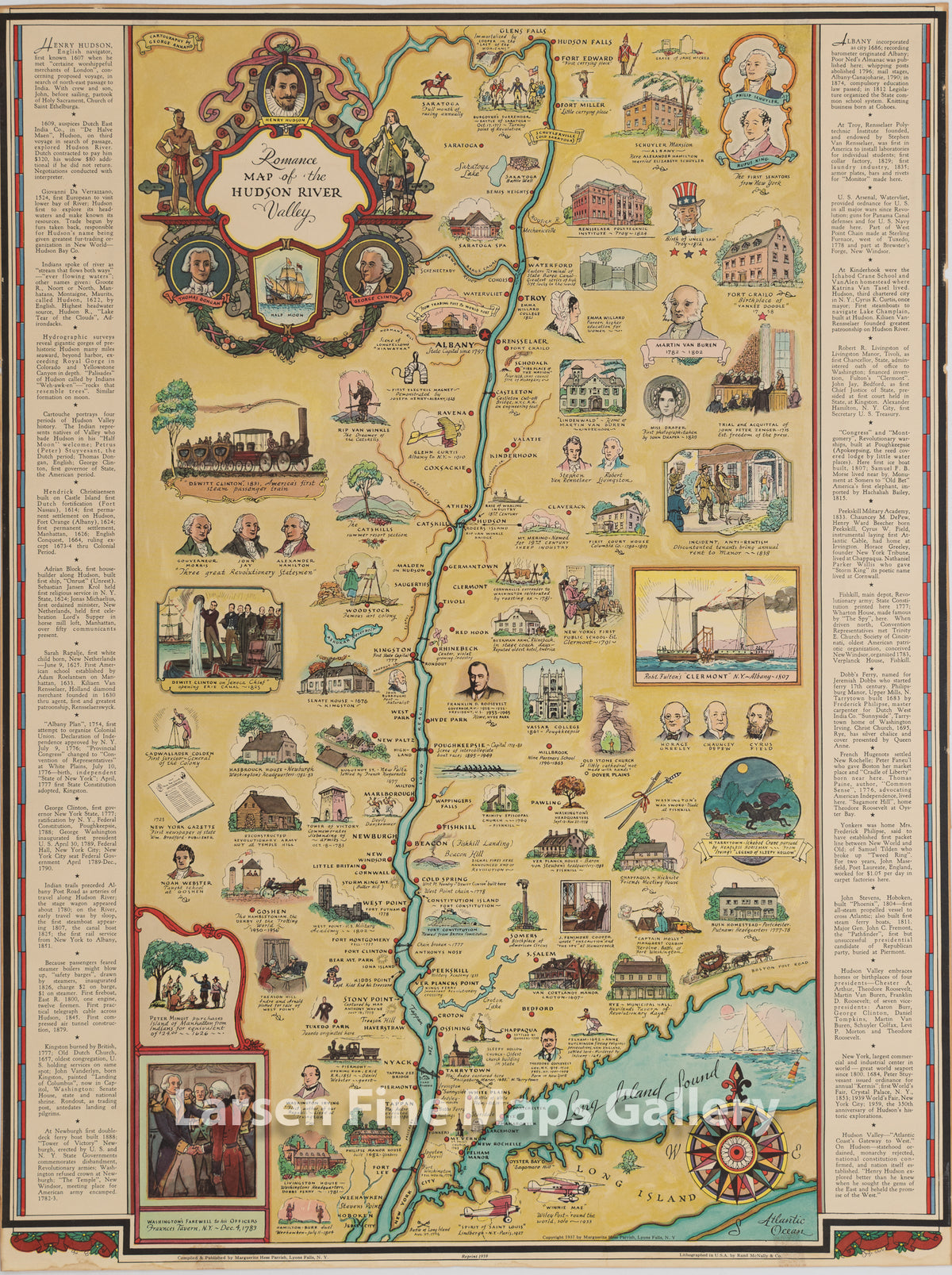 Romance Map of the Hudson River Valley, REPRINT 1959, Rand McNally, George Annand, Marguerite Hess Parrish, Lyon Falls