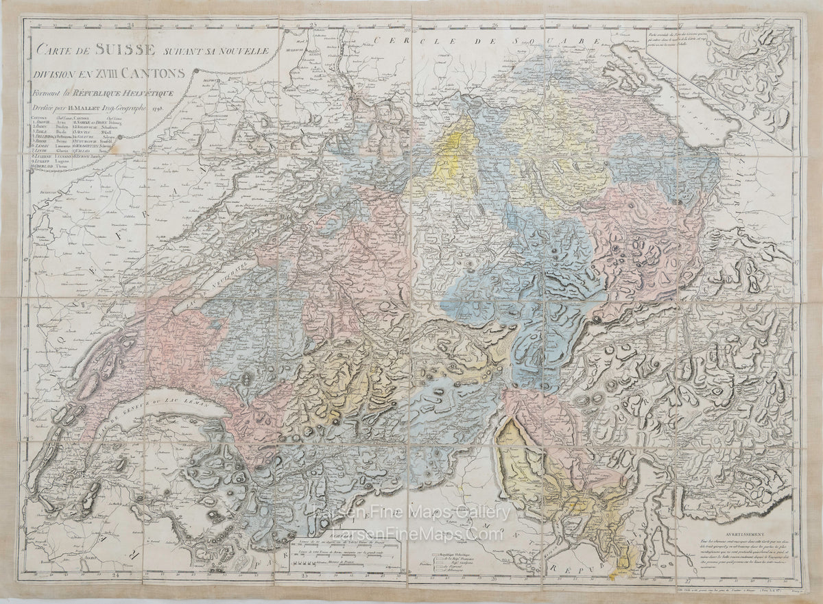 Carte De Suisse Suivant Sa Nouvelle Division En XVIII Cantons Formant al Republique Helvetique, Mallet, Henri