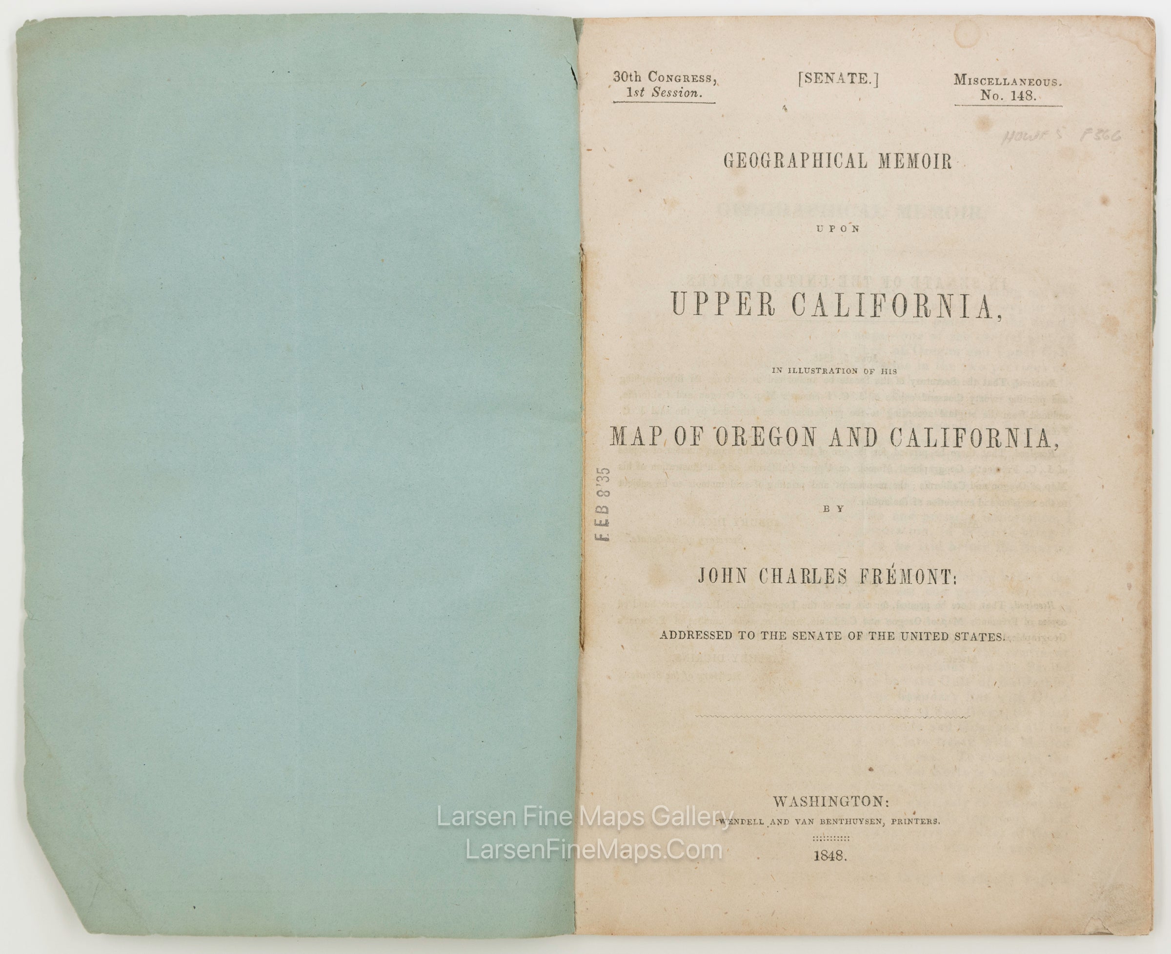 Map of Oregon and Upper California From the Surveys of John Charles Fremont And other Authorities with Fremont's Geographical Memoir