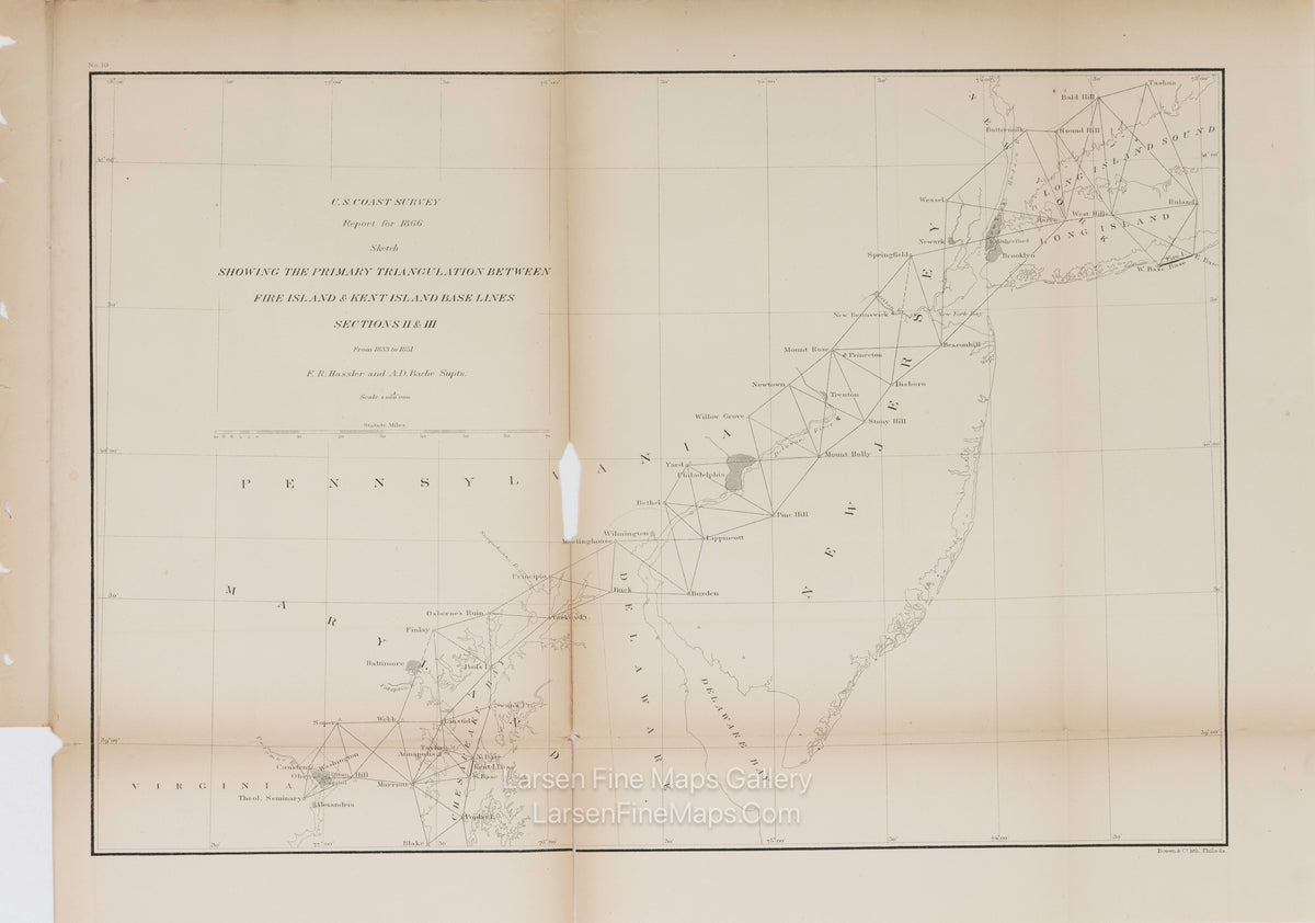 U.S. Coast Survey Report for 1866 Sketch Showing The Primary Triangulation Between Fire Island & Kent Island Base Lines Sections II & III From 1833 to 1851 U.S. Coast Survey