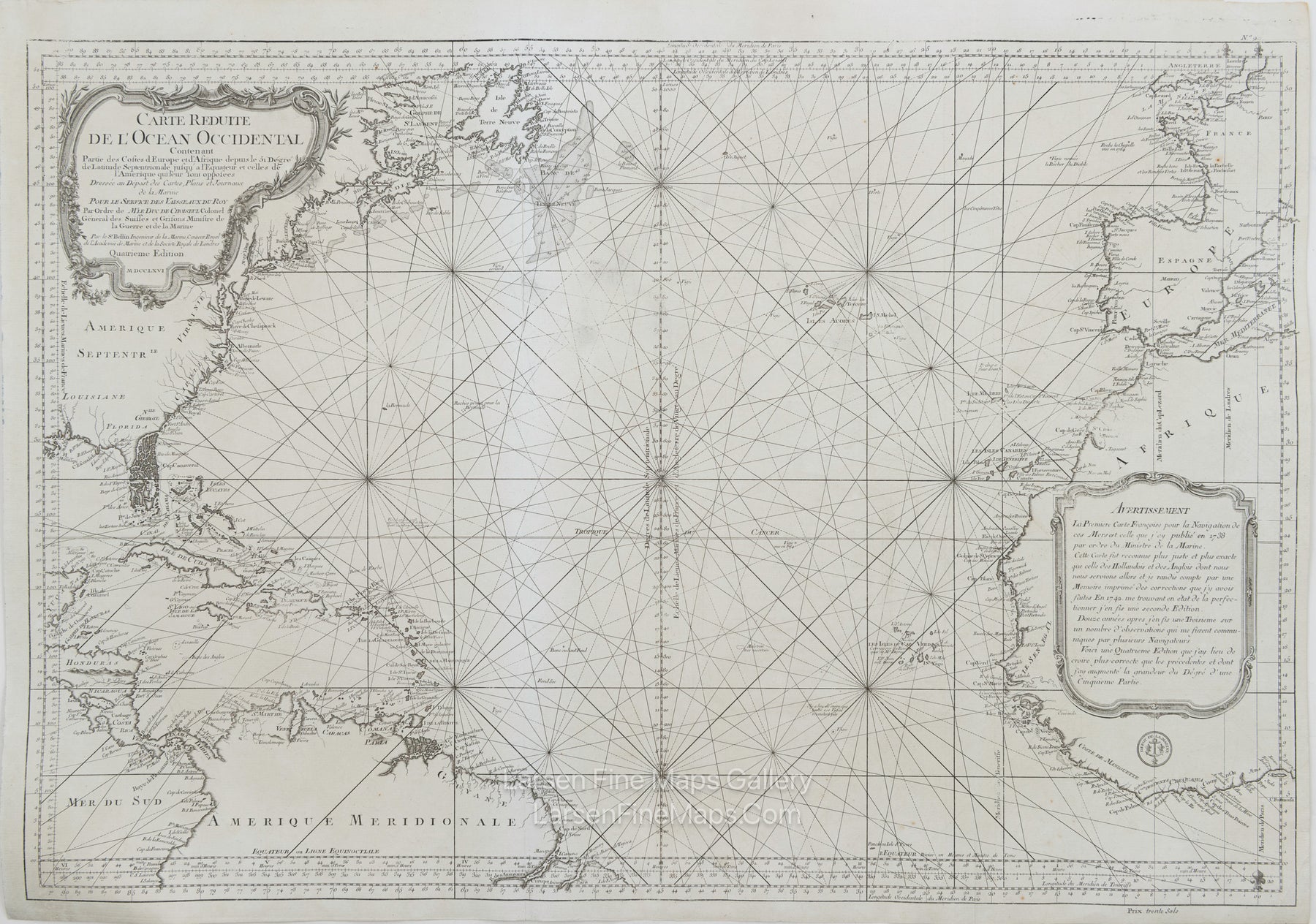 Carte Reduite de l'Ocean Occidental Contenant Partie des Costes d'Europe et d'Afrique, Bellin, Jacques Nicolas