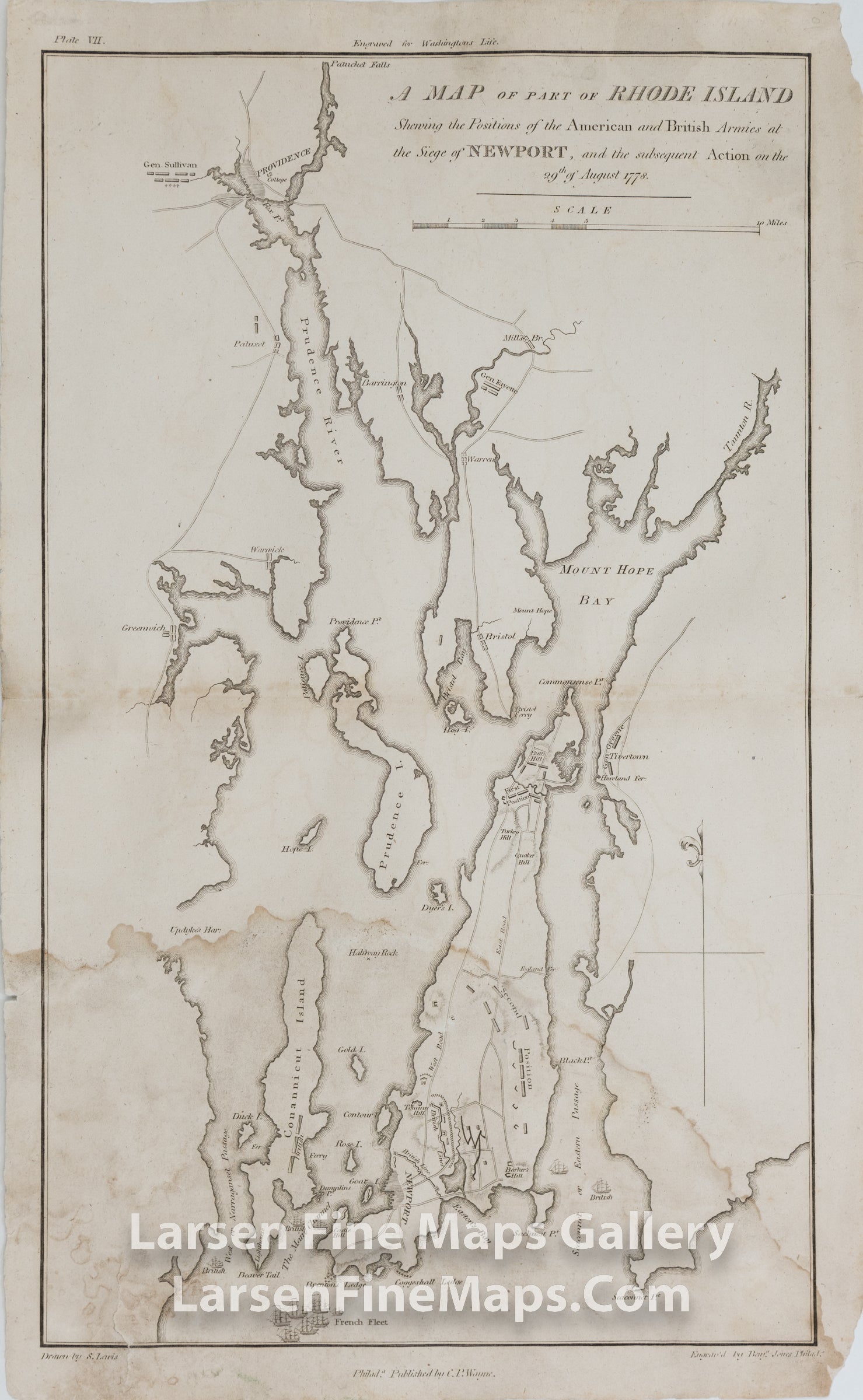 A MAP of Part of RHODE ISLAND Showing the Positions of the American and British Armies at the Siege of NEWPORT, and the subsequent Action on the 29th of August 1778, C.P. Wayne, S. Lewis