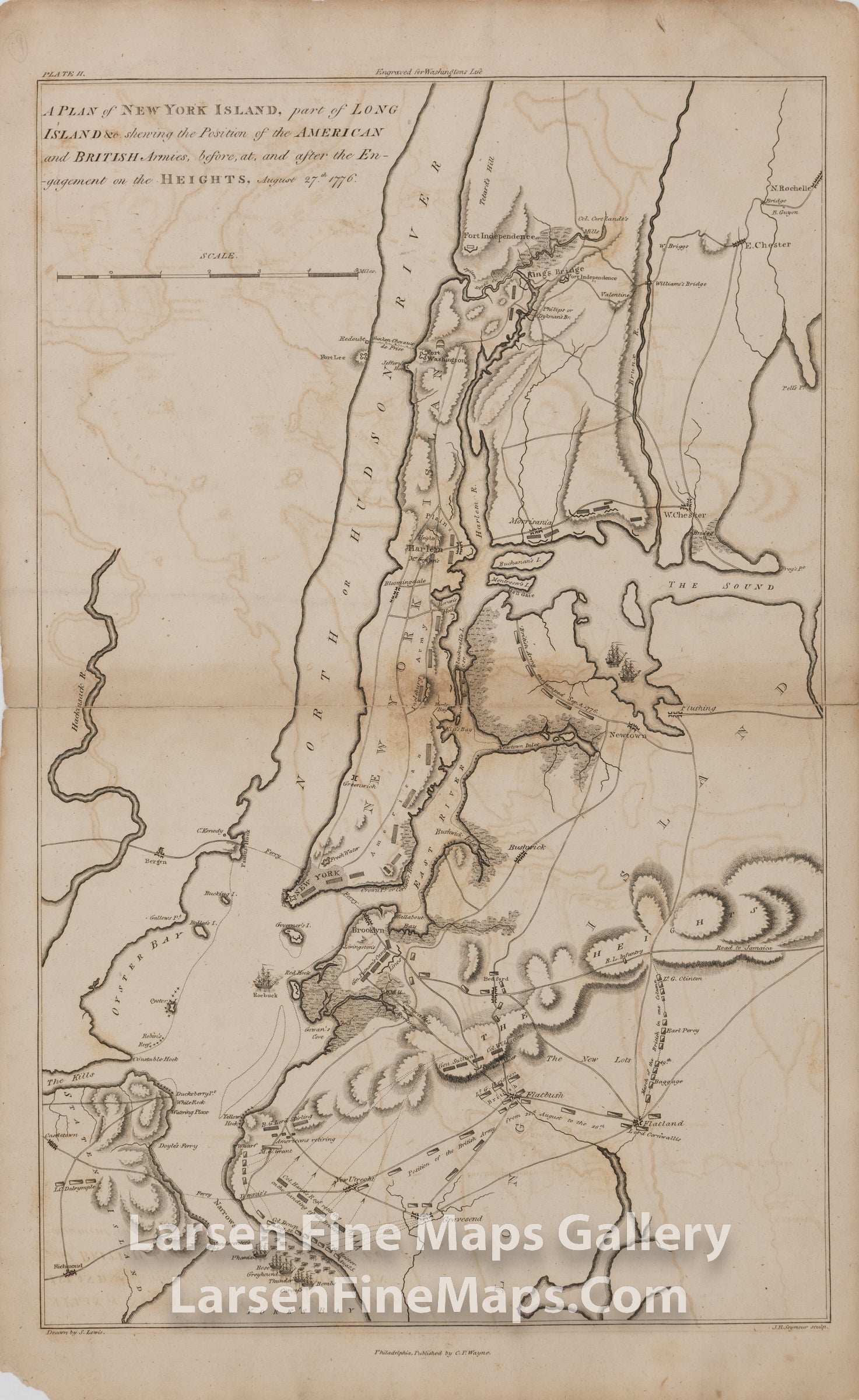 A PLAN of NEW YORK ISLAND, part of LONG ISLAND &c. showing the Position of the AMERICAN and BRITISH Armies, before, at, and after the Engagement on the HEIGHTS, August 27th, 1776, C.P. Wayne, S. Lewis