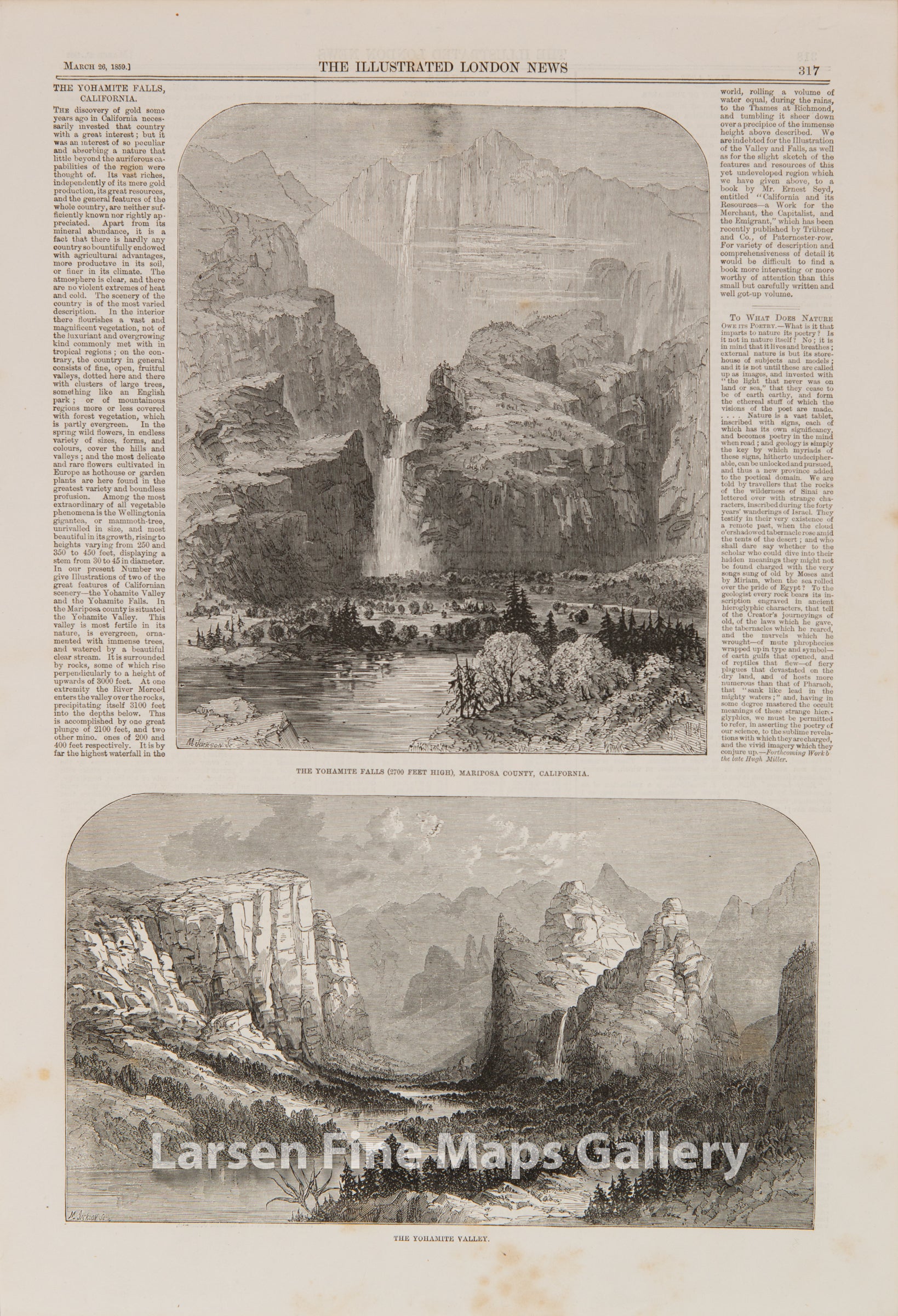 The Yohamite Falls, Yosemite California, Engravings by M. Jackson, The Illustrated London News