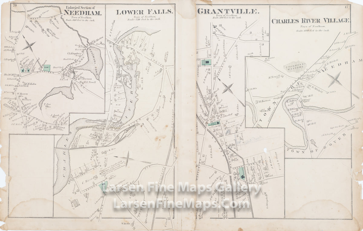 Needham. Town of Needham, Lower Falls, Grantville, Charles River Village, Comstock Cline,  Edward Busch, details