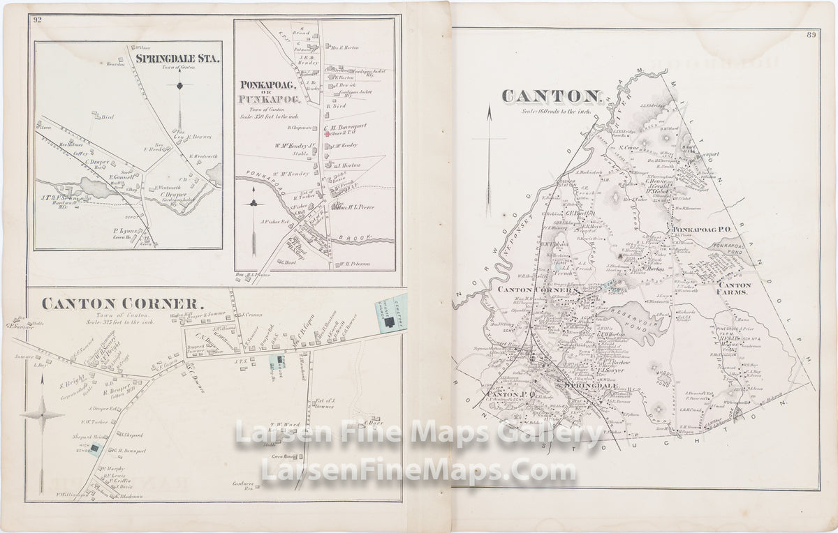 Canton, Town of Canton, Springdale Station, Ponkapoag or Punkapog, Canton Corner, Comstock Cline,  Edward Busch, details