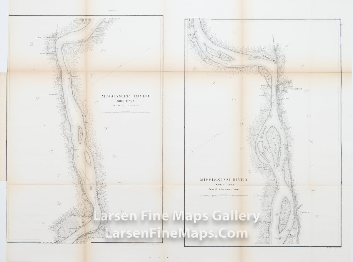 Set of 6 Charts of the Mississippi River on 3 Sheets, Scarce Complete U.S. Coast Survey