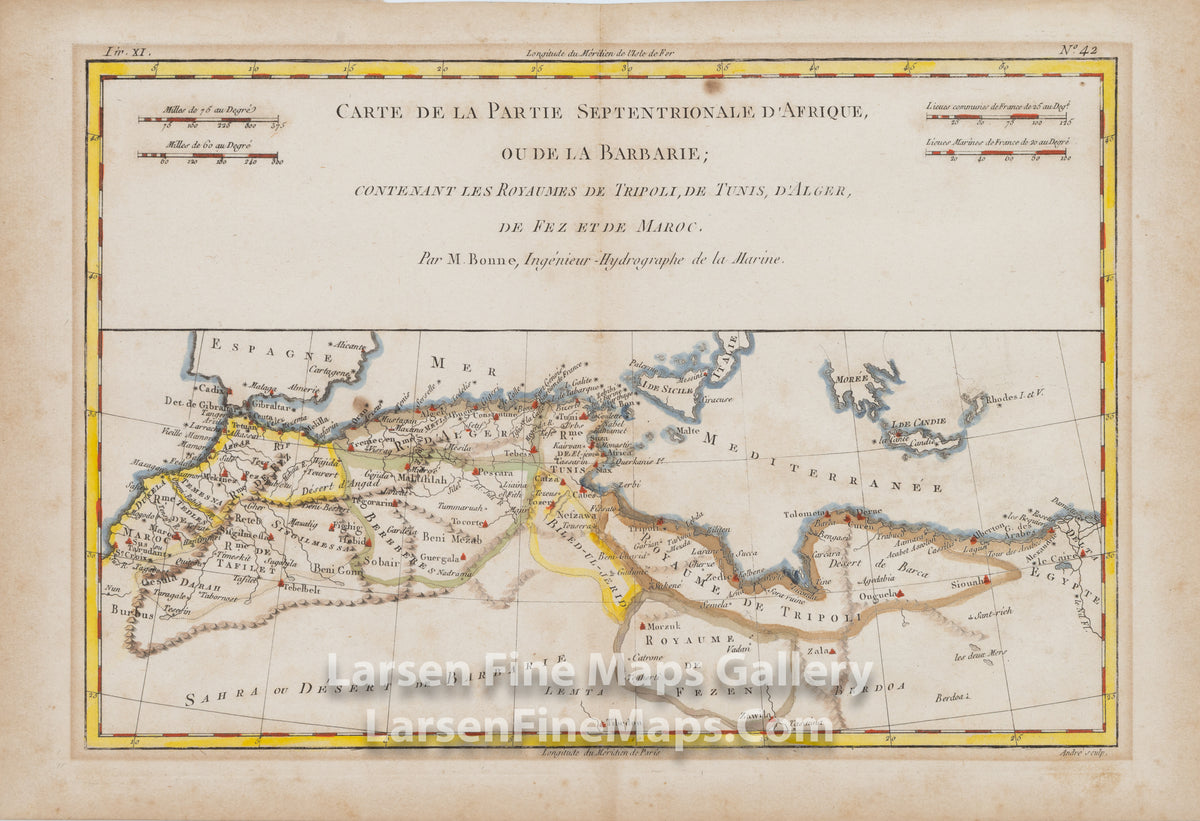 Carte De La Partie Septentrionale D'Afrique, Ou De La Barbarie; Contenant Les Royaumes De Tripoli, De Tunis, D'Alger, De Fez Et De Maroc. Par M. Bonne, Ingenieur - Hydrographe de la Marine. Bonne, Rigobert