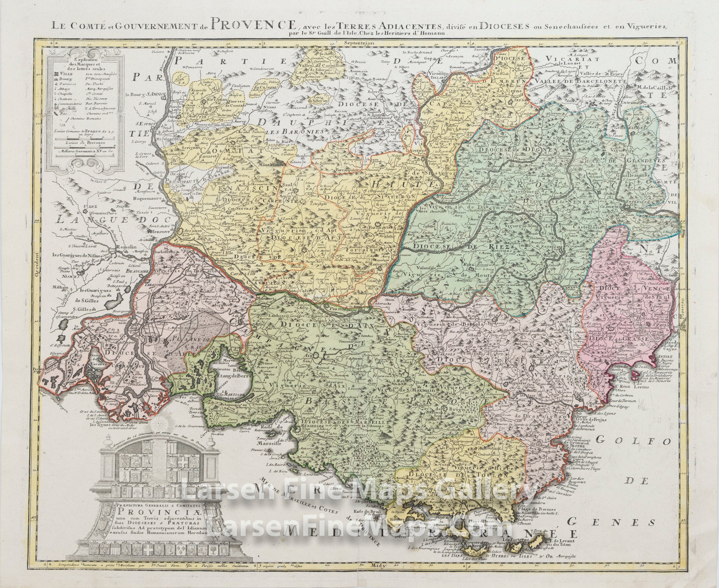 Praefectura Generalis & Comitatus Provinciae, una cum Terris adjacentibus in suas Dioceses & Praeturas subdivisus, Homann, Johann Baptist