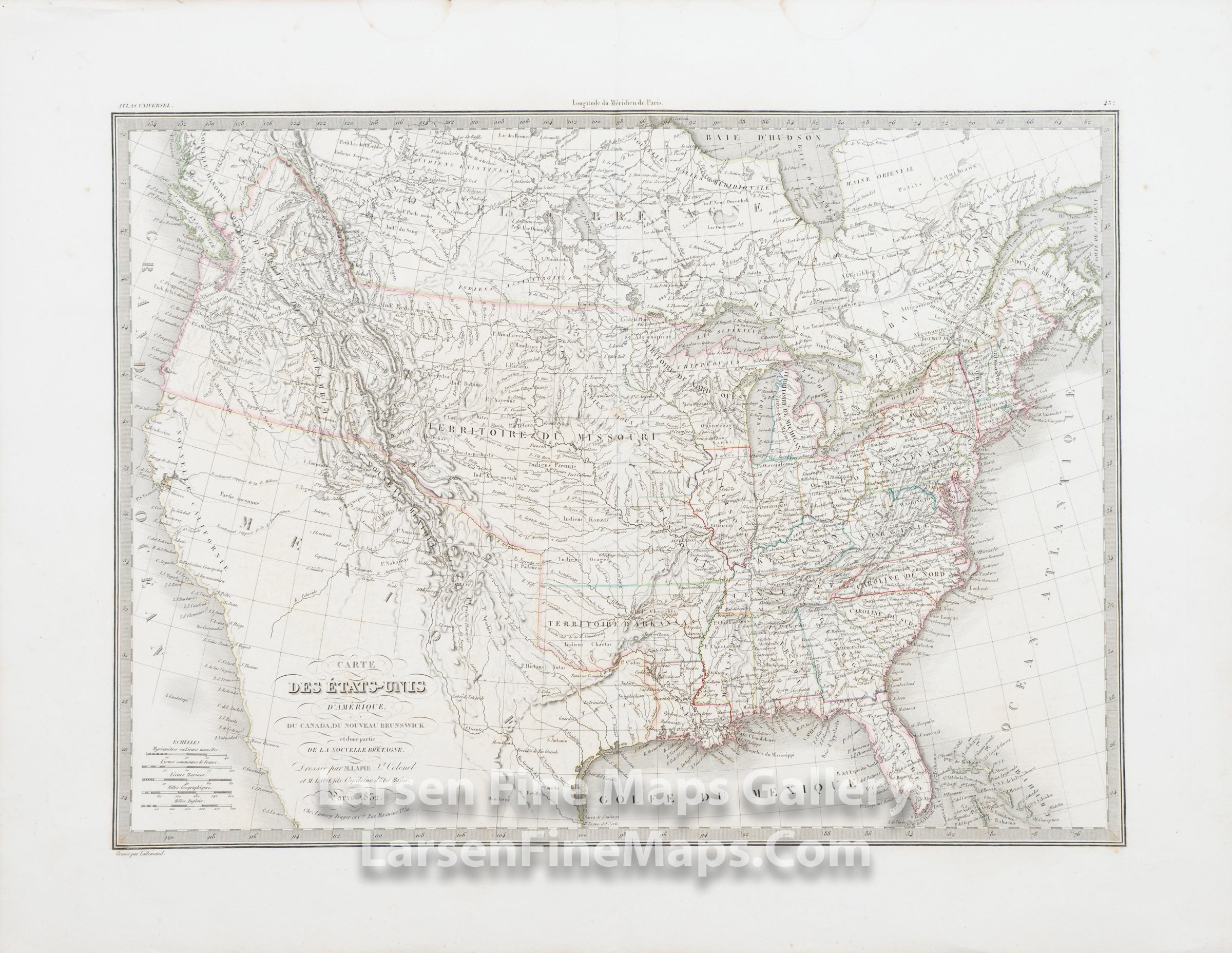 Carte des Etats-Unis d'Amerique du Canada, du Nouveau Brunswick de la Nouvelle Bretagne., Pierre M. Lapie, Armand Joseph Lallemand engraver.