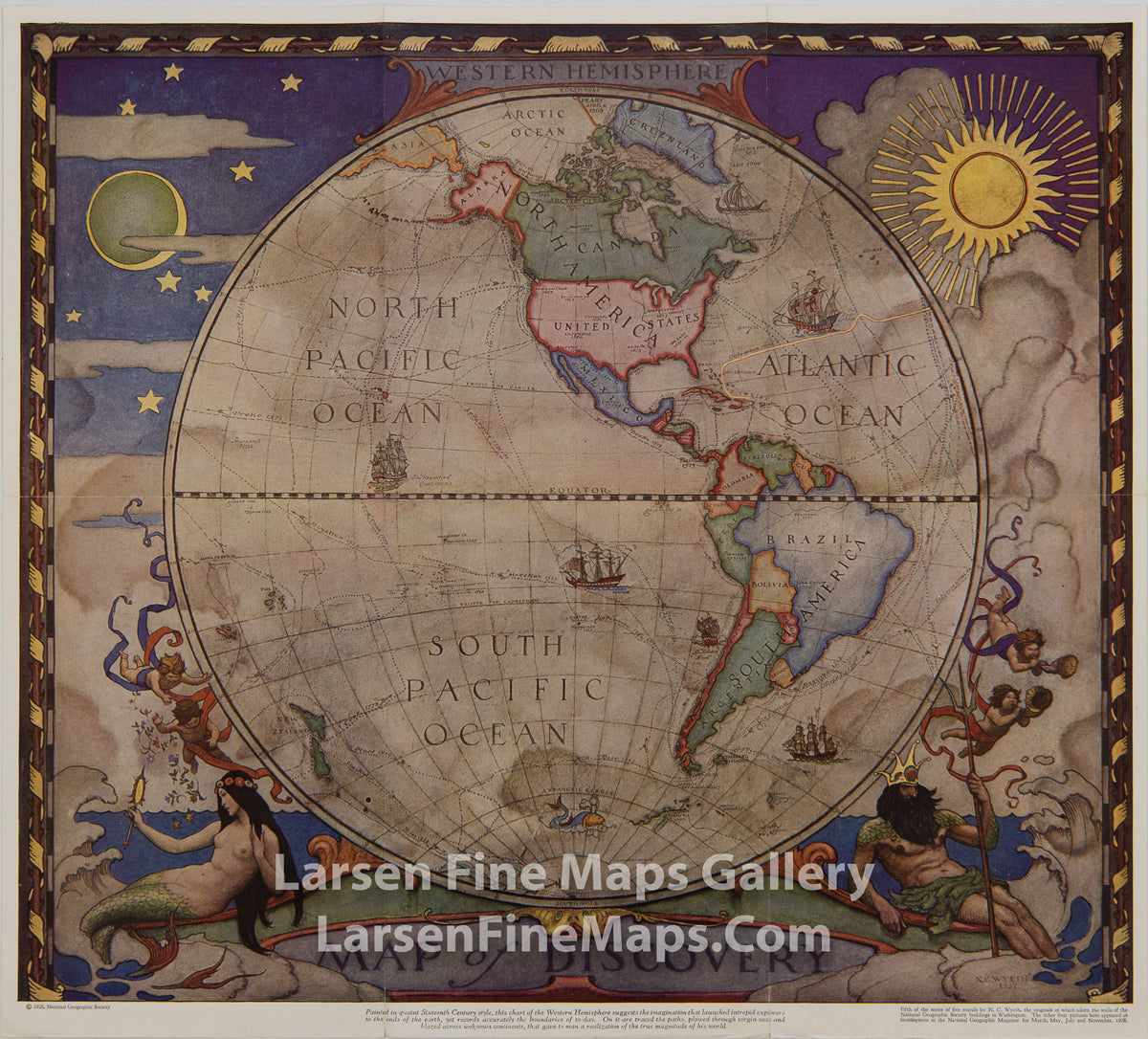 Eastern Hemisphere Map of Discovery, National Geographic, N.C. Wyeth, details