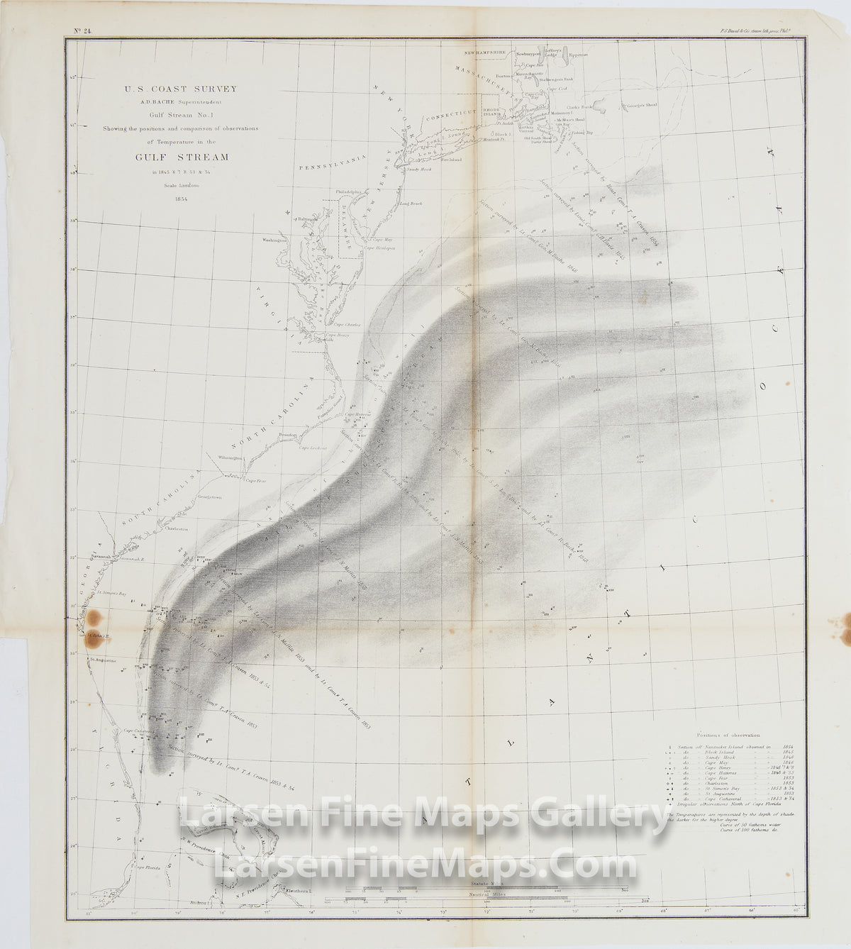 Gulf Stream No. 1 Showing the positions and comparison of observations of Temperature in the Gulf Stream in 1845,6,7,8 & '53 & 54 U.S. Coast Survey