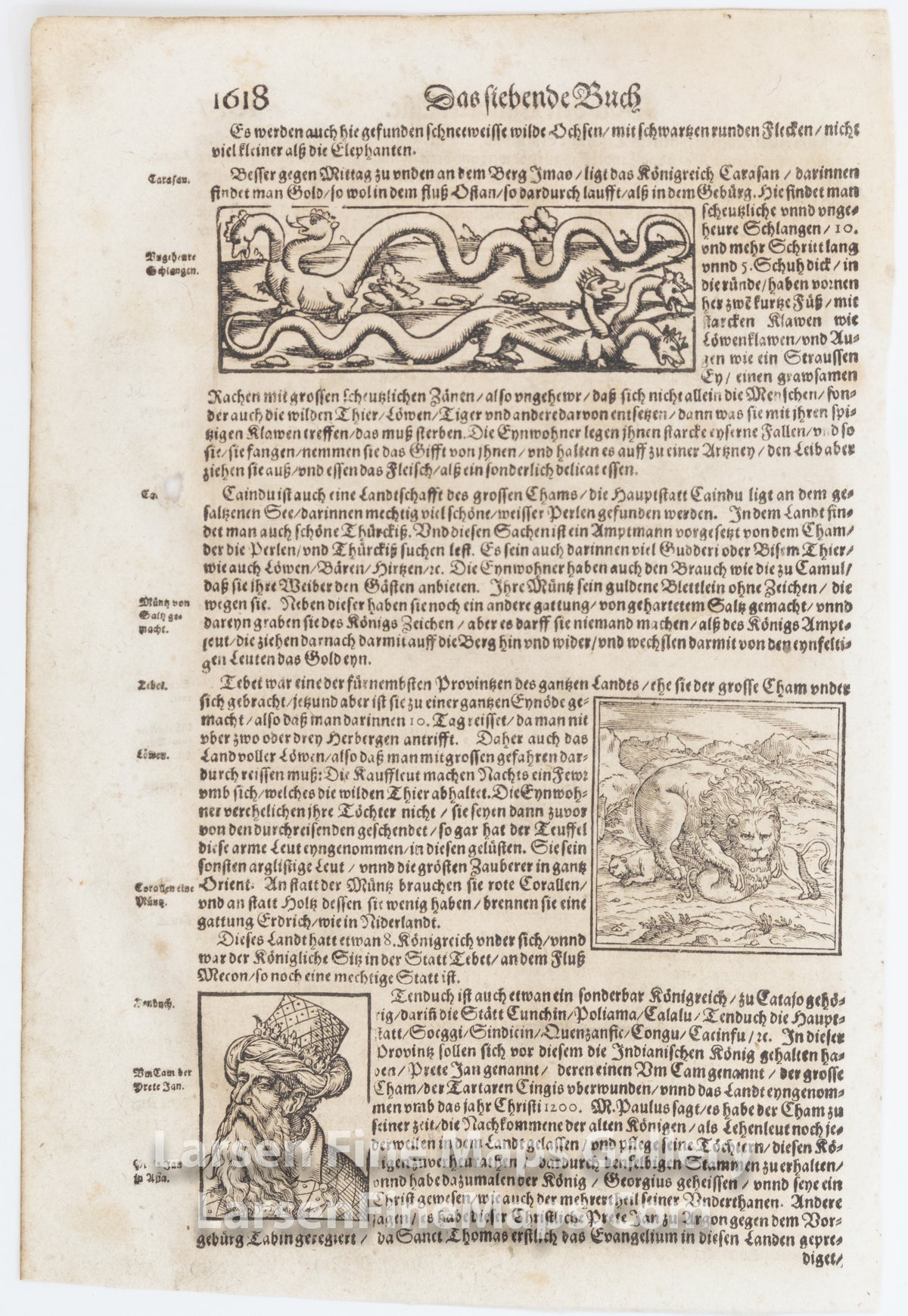 Full page from Sebastian Munster's Cosmographia,  Mythical Creatures, Monsters. Details