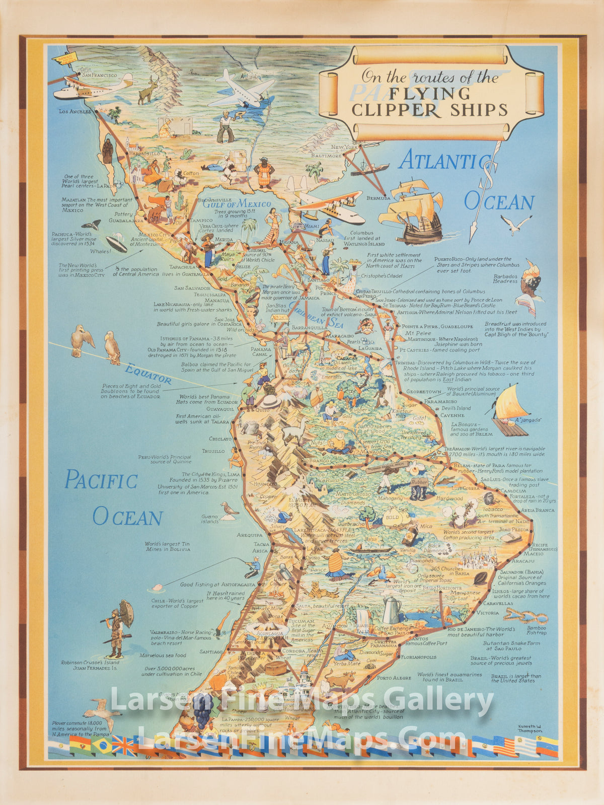 On the Routes of the PAN AM Flying Clipper Ships, Kenneth W. Thompson, Pictorial Map Americas