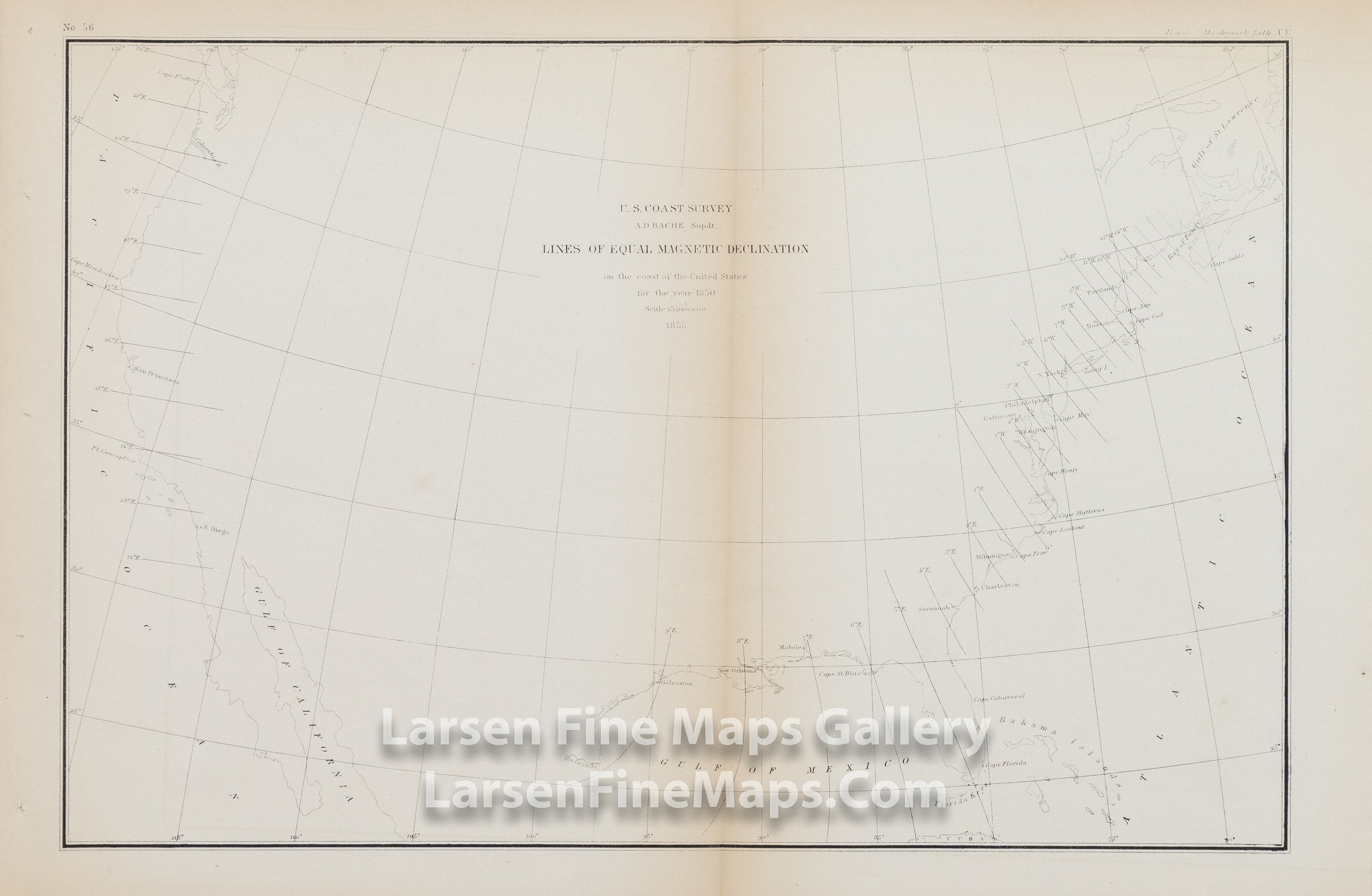Lines of Equal Magnetic Declination on the coast of the United States for the year 1850, U.S. Coast Survey