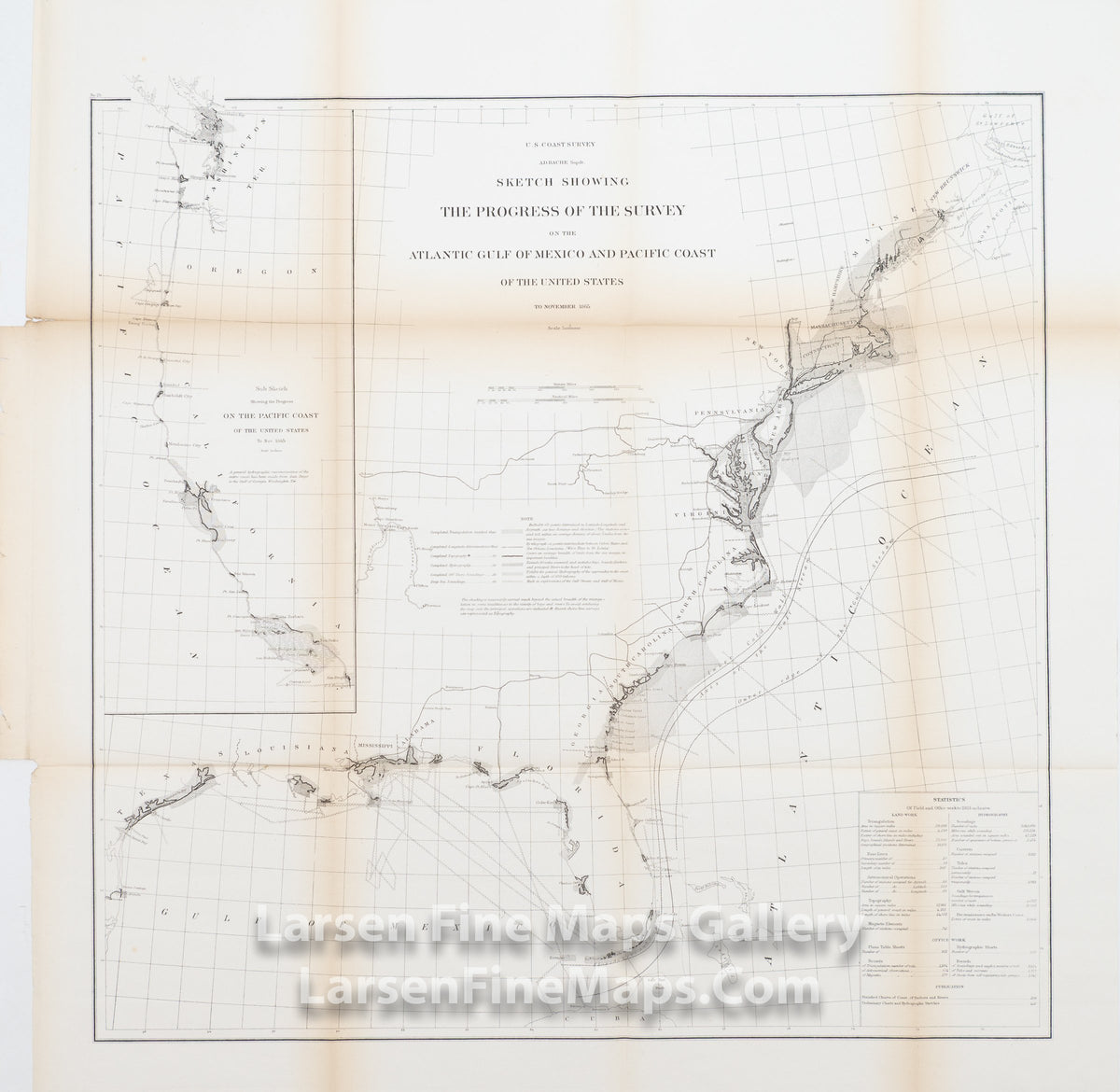 U.S. Coast Survey A.D. Bache Supdt., Sketch Showing The Progress of The Survey on the Atlantic Gulf of Mexico and Pacific Coast of The United States to November 1865 U.S. Coast Survey