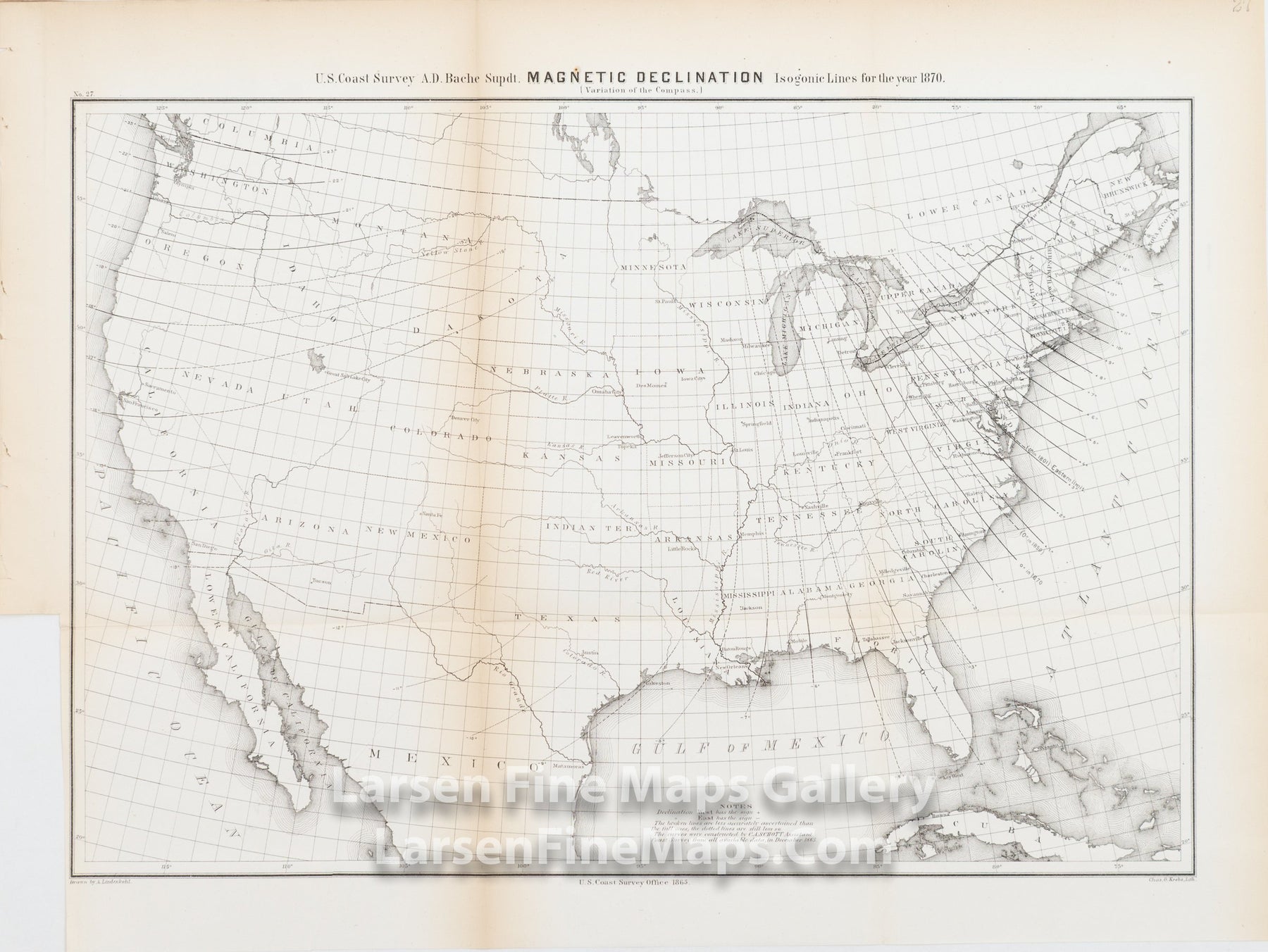 U.S. Coast Survey A.D. Bache Supdt. Magnetic Declination (Variations of the Compass) Isogonic Lines for the year 1870 U.S. Coast Survey