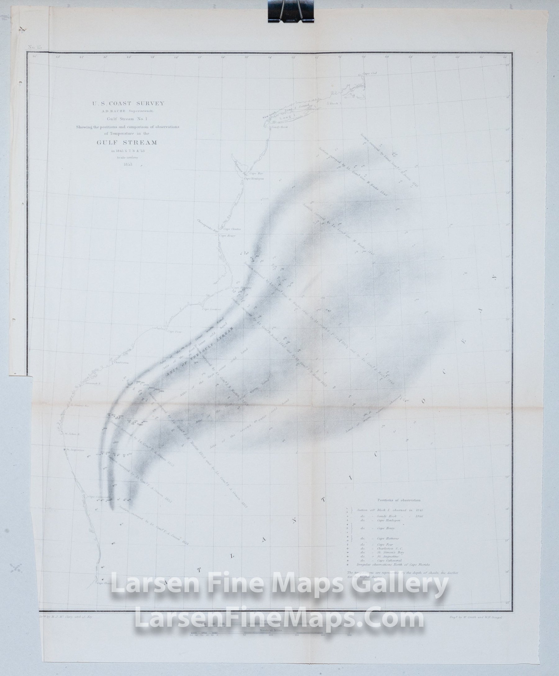 Gulf Stream No. 1 Showing the positions and comparison of observations of Temperature in the Gulf Stream in 1845,6,7,8 & '53 U.S. Coast Survey