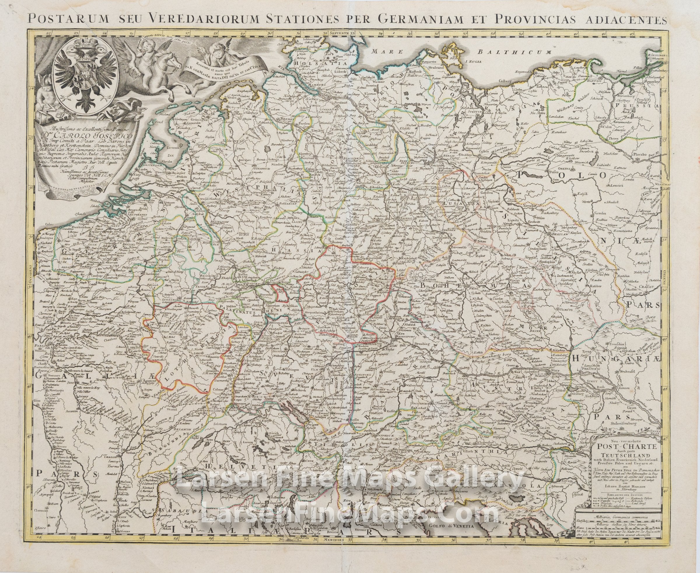 Neu-vermehrte Post-Charte durch gantz Teutschland / Postarum seu Veredariorum Stationes per Germaniam et Provincias Adiacentes., Homann, Johann Baptist